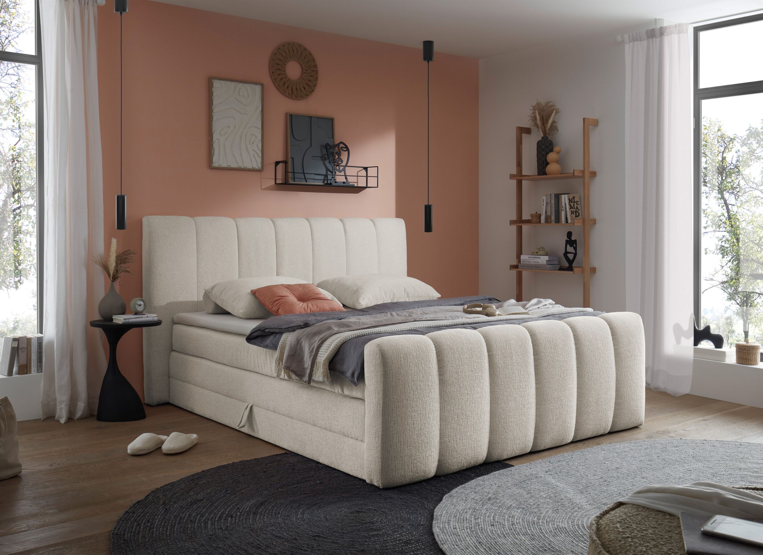 Foto ambiance - Boxspring Chuck 160x200cm - tissu - ivoire avec rangement