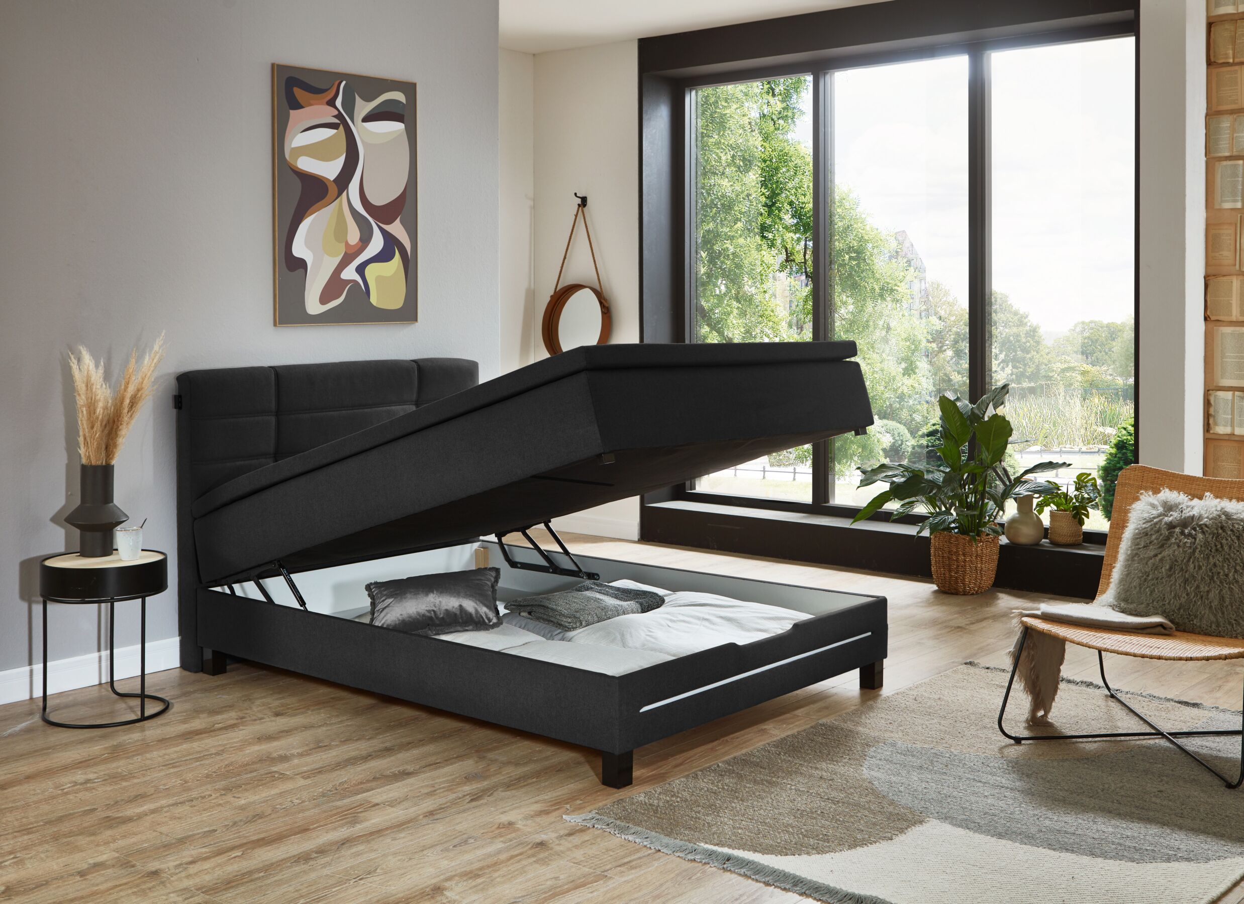 Sfeerfoto - Boxspring BX2260 140x200cm - stof - antraciet met opbergruimte