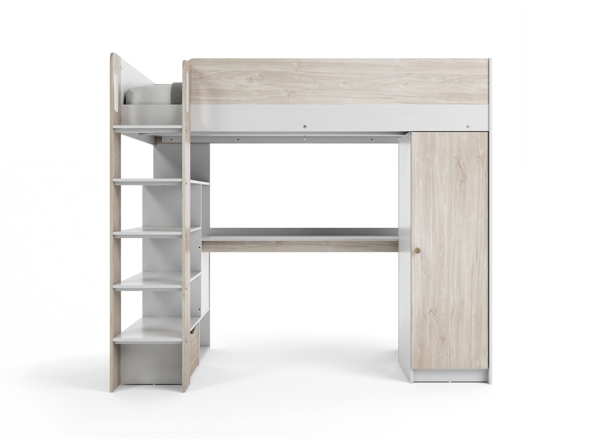 Aperçu - Lit mezzanine Evora 90x200cm - décor - ivory oak & wit avec bureau et rangement