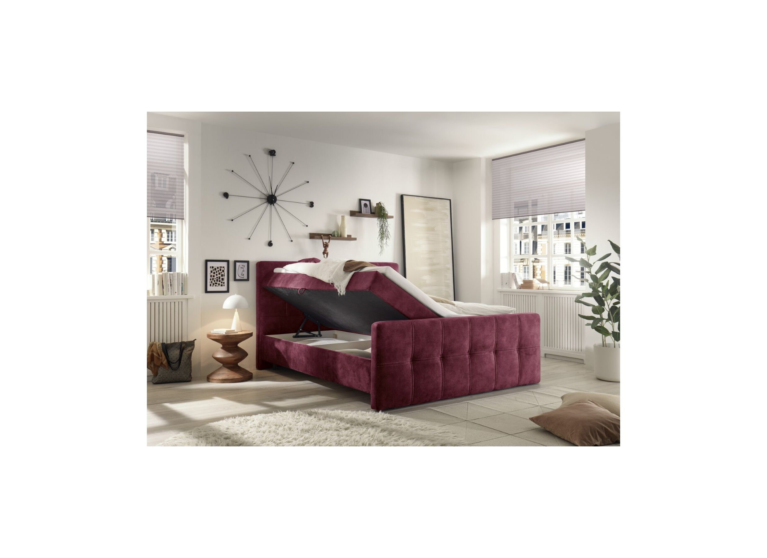 Foto ambiance - Lit box Valetta 180x200cm avec rangement tissu bordeaux