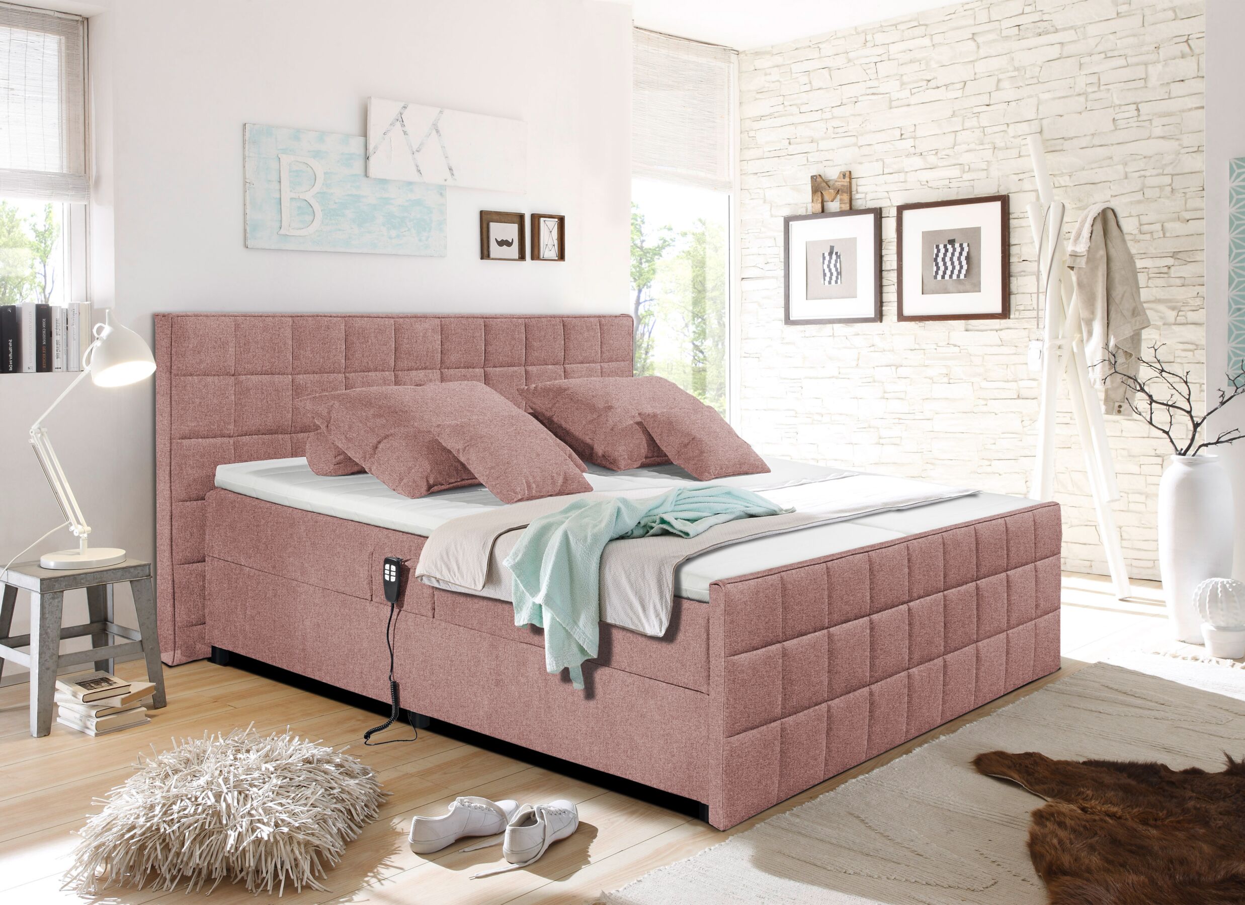 Foto ambiance - Lit box Gabun 180x200cm - tissu - flamingo électrique