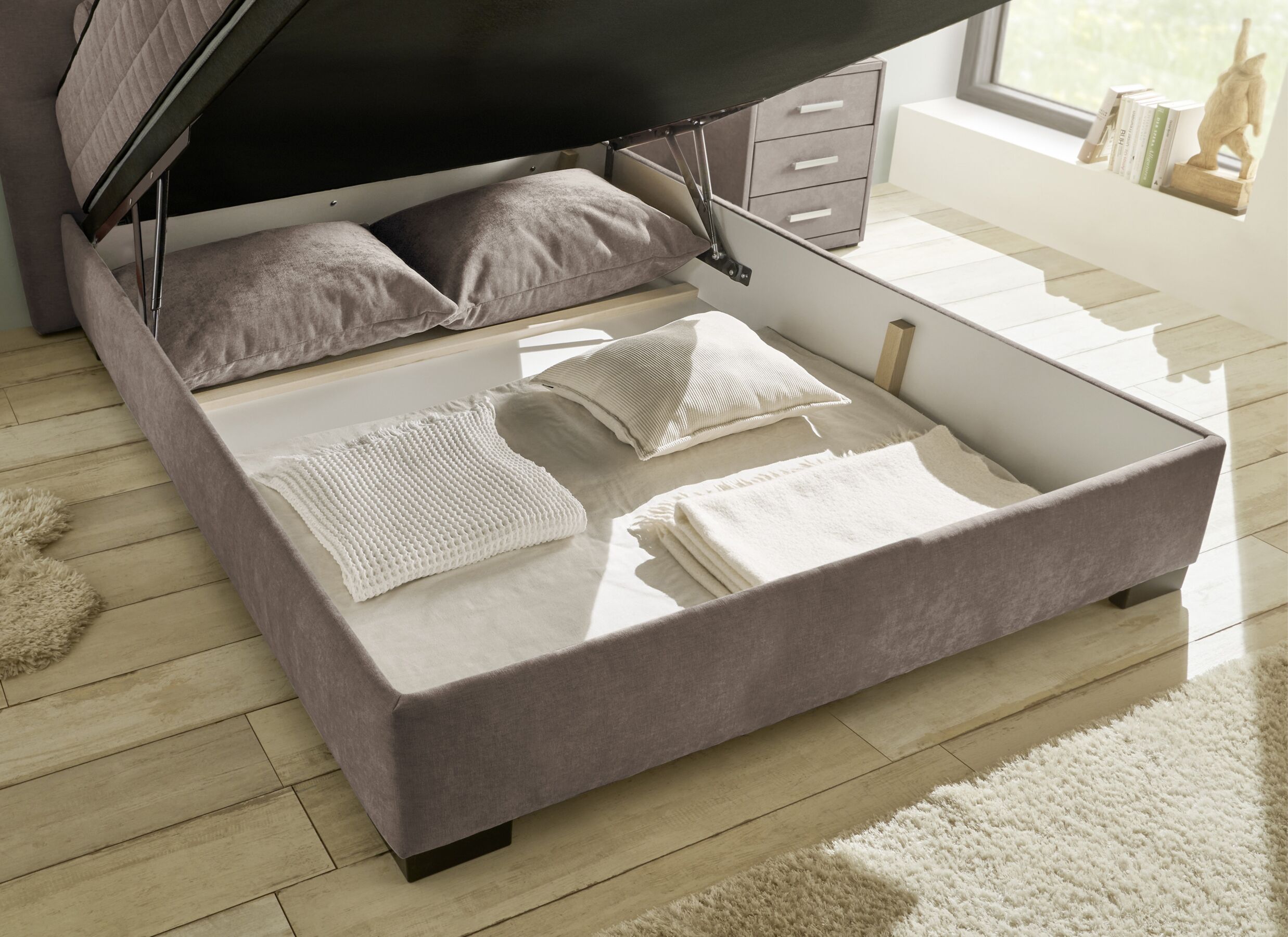Foto ambiance - Lit box Nagol A 160x200cm - tissu - stone avec rangement
