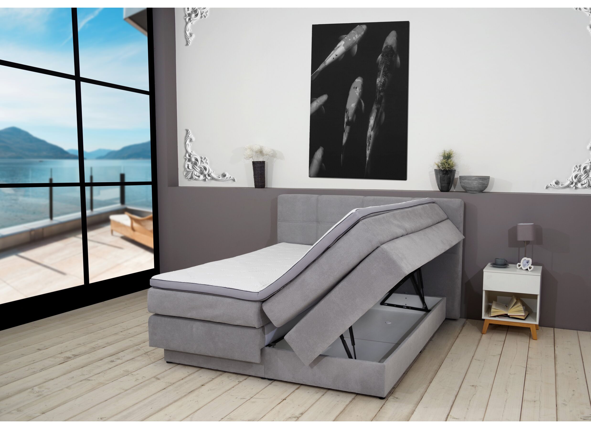 Aperçu - Boxspring BX2110 Portage 160x200cm avec rangement - tissu - gris clair