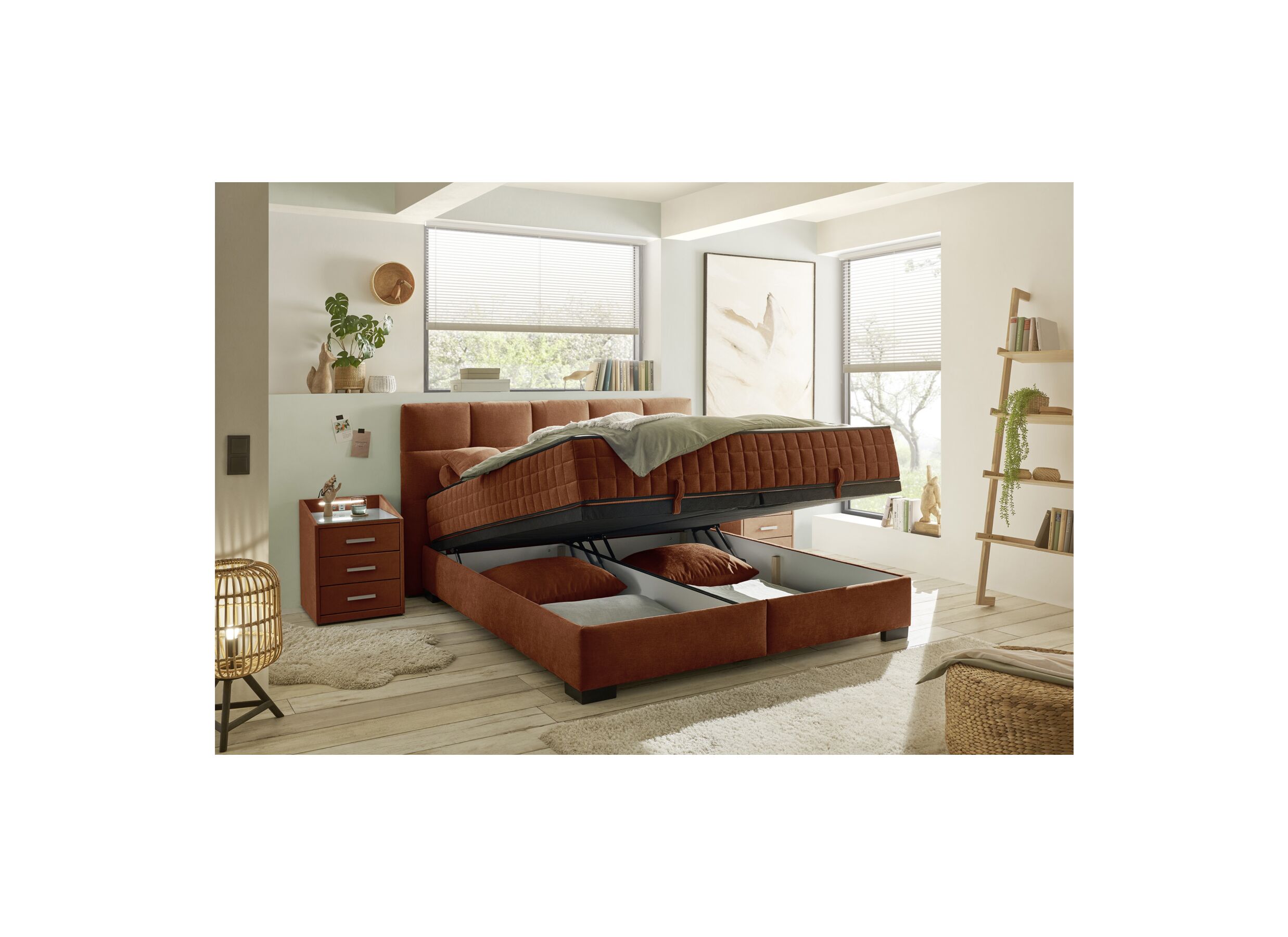 Foto ambiance - Lit box Nagol A 160x200cm avec rangement tissu cognac