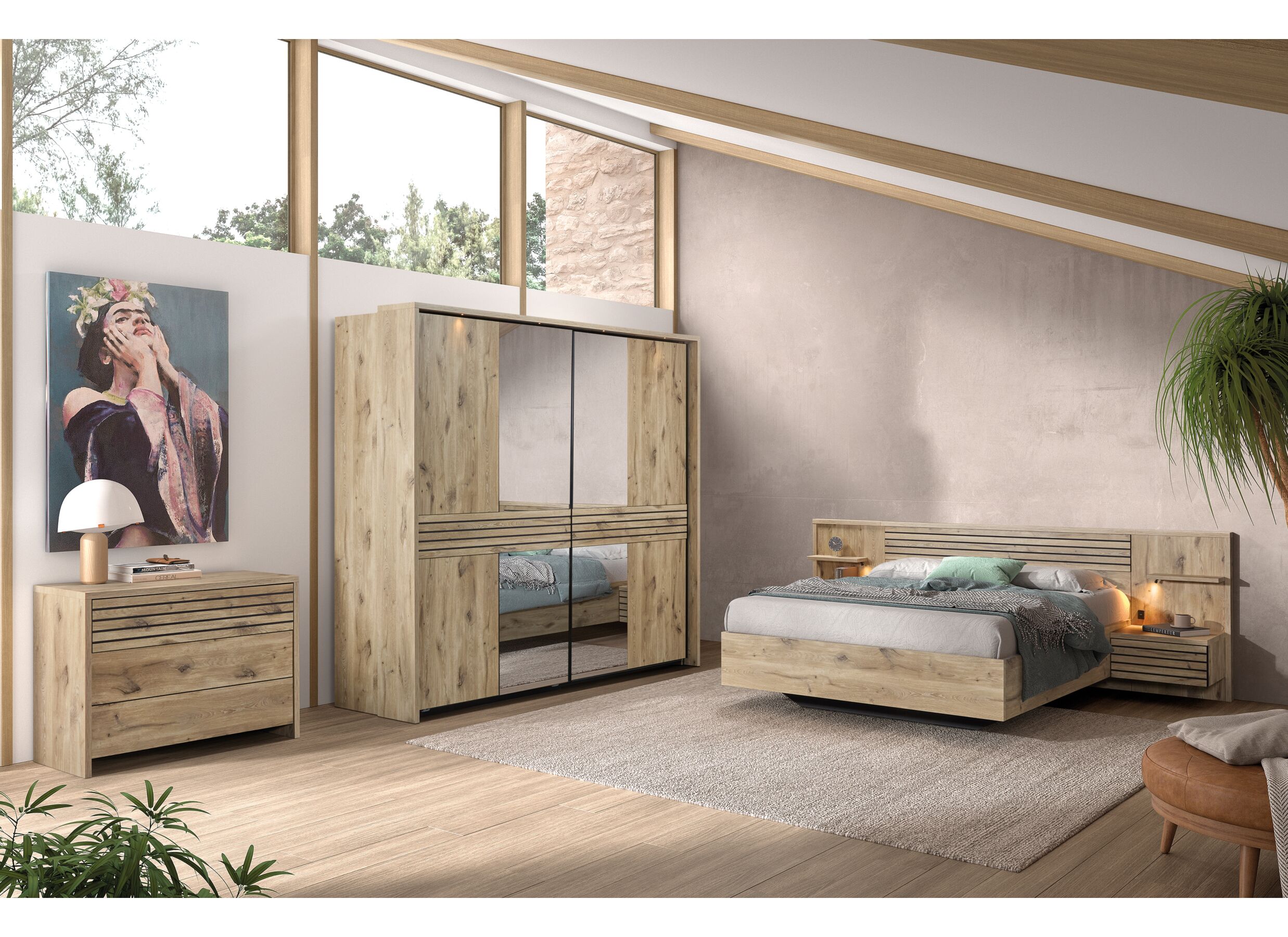 Photo ensemble - Chambre à coucher Tanya II avec lit 140x200cm - armoire 286cm - commode 111cm et 2 tables de chevet