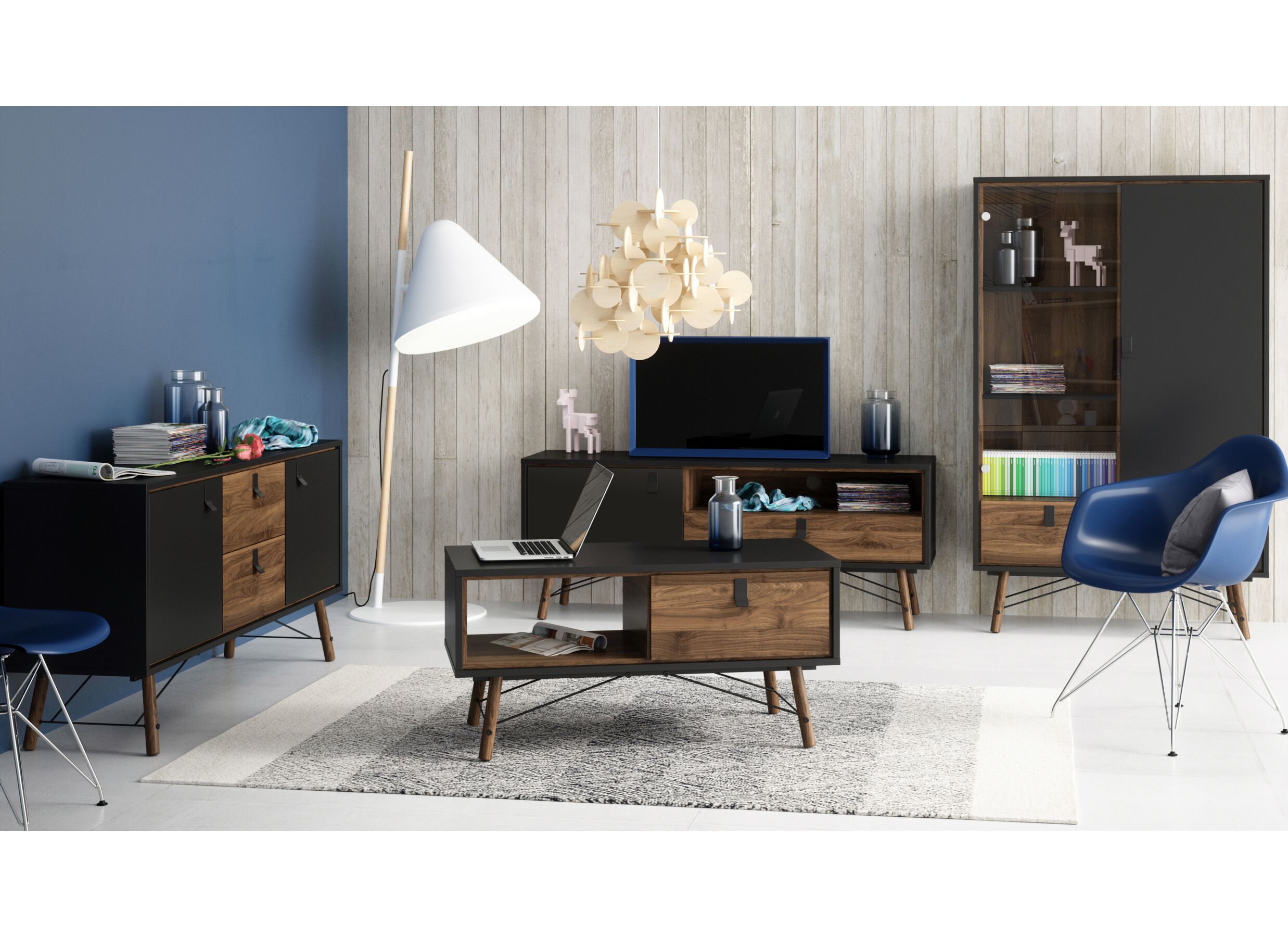 Tv-meubel Ry 151cm - vezelplaat - mat zwart & okkernoot