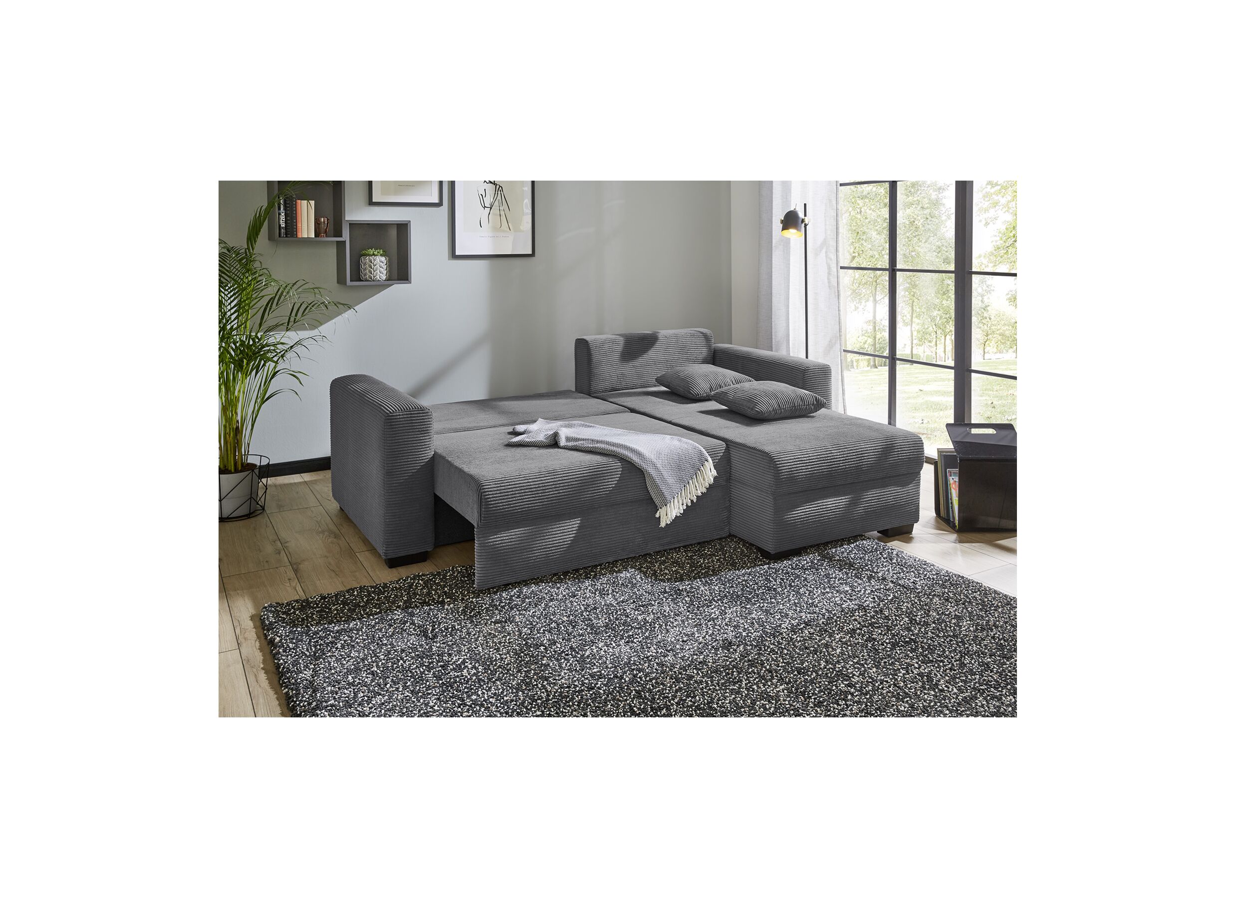 Canapé d'angle Elmau 235x169cm - tissu - gris avec fonction lit et rangement