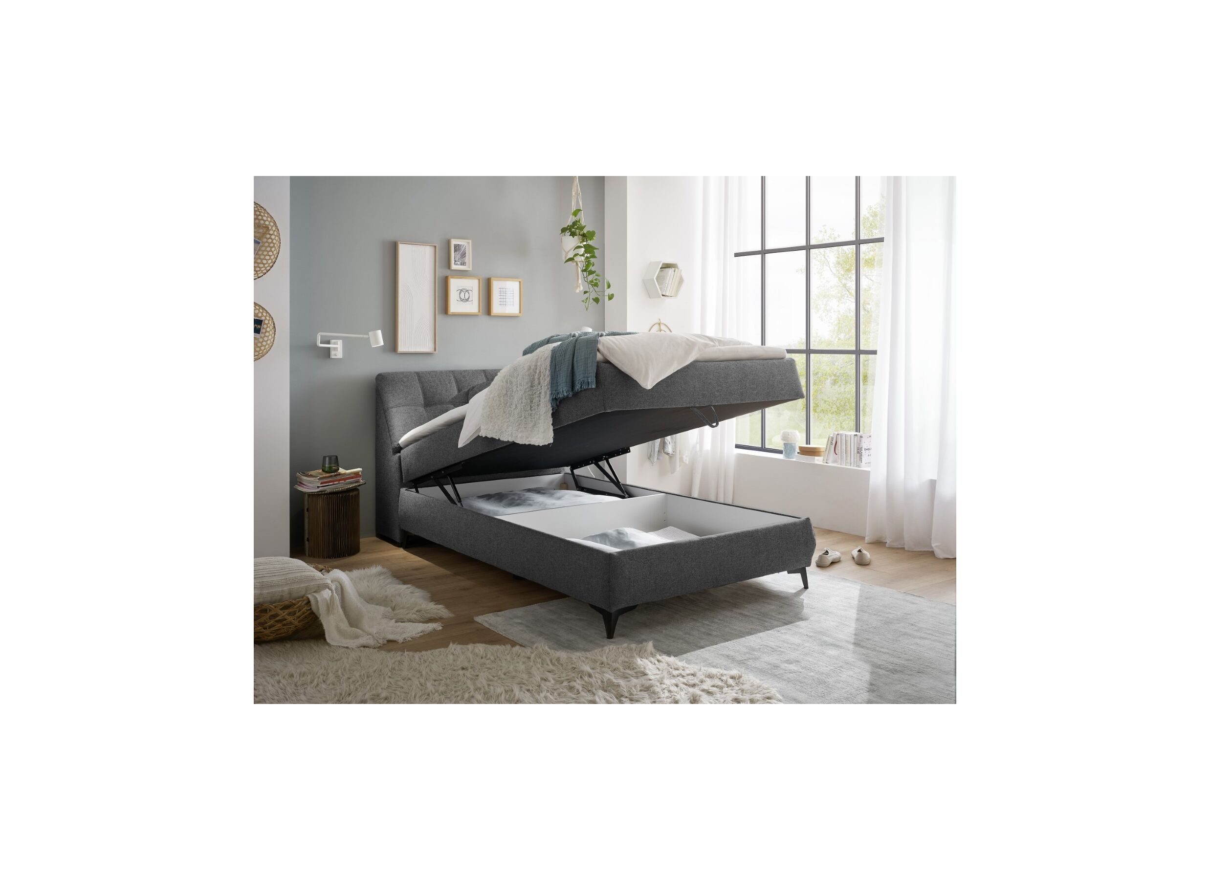 Foto ambiance - Lit box 120x200cm avec rangement tissu antracite