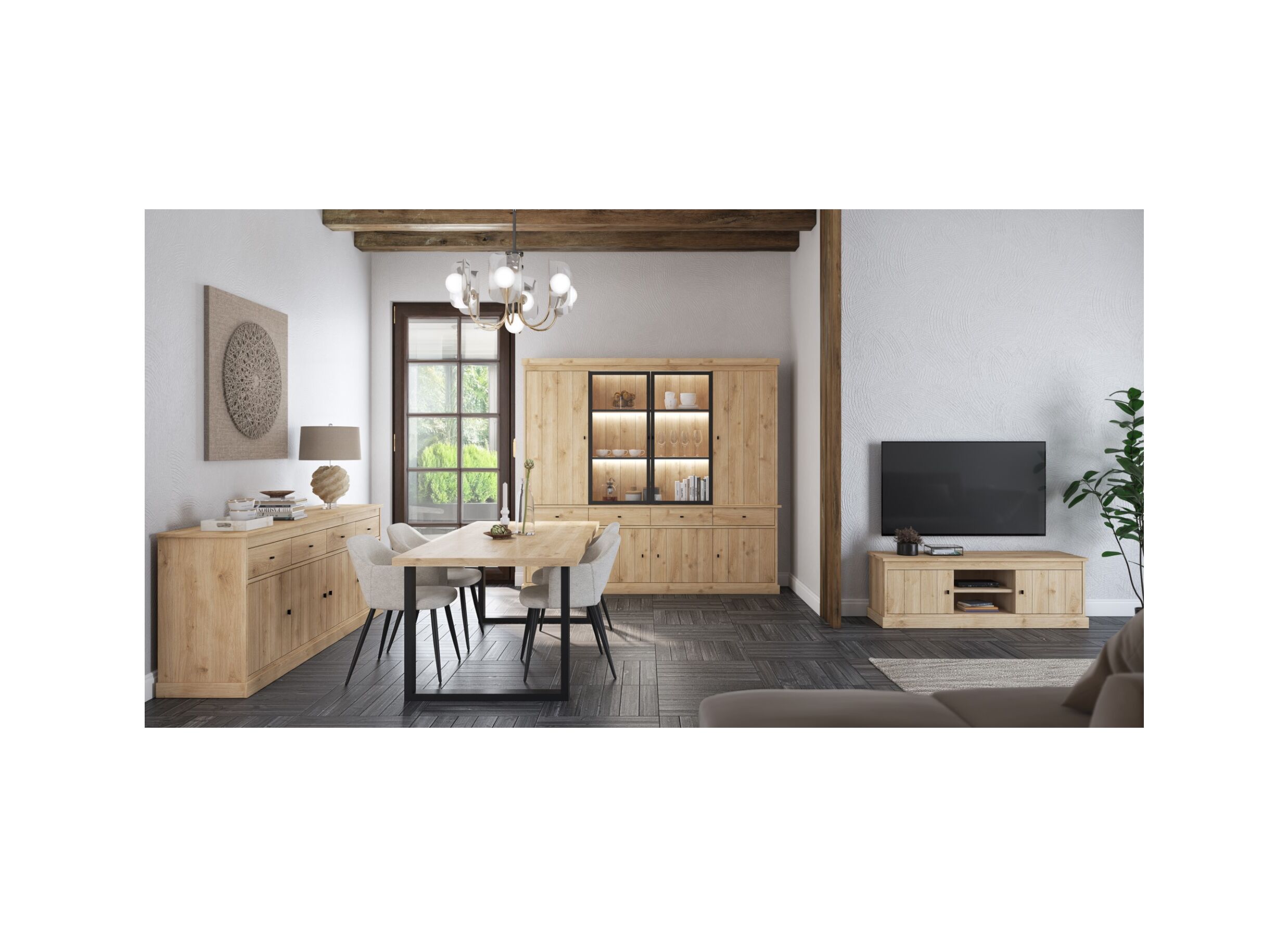 Photo ensemble - Meuble TV Valencia 155cm - melamine - chêne clair
