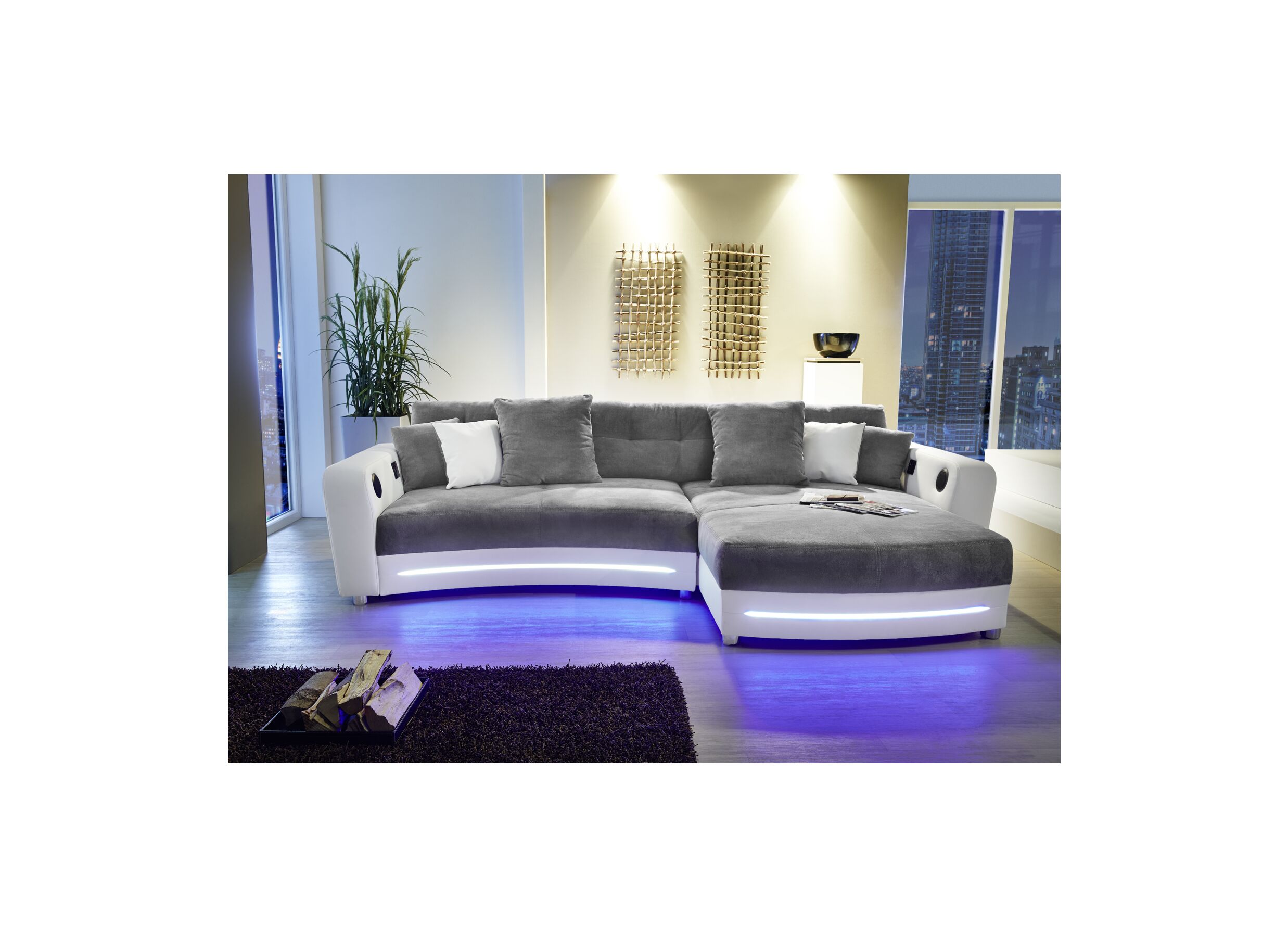 Hoeksalon Laredo 322x190cm - lederlook/stof - grijs wit met LED-verlichting