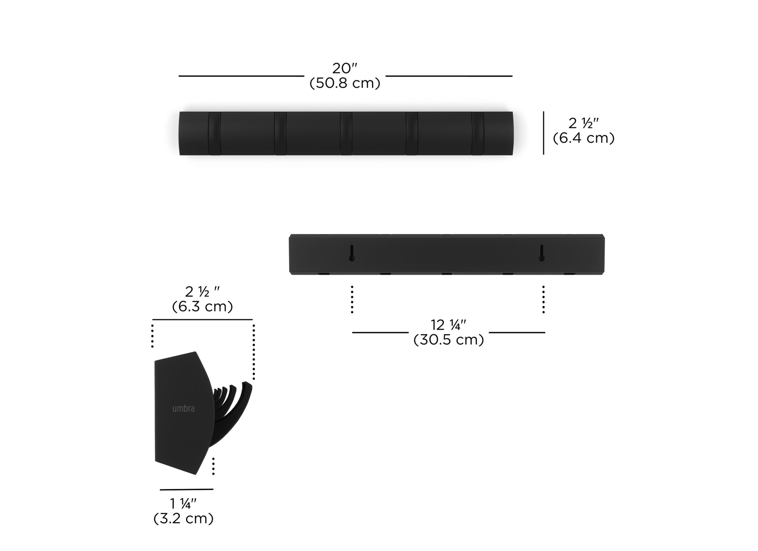 Afmetingen - Kapstok Flip 51x3,8x7cm - hout & metaal - zwart