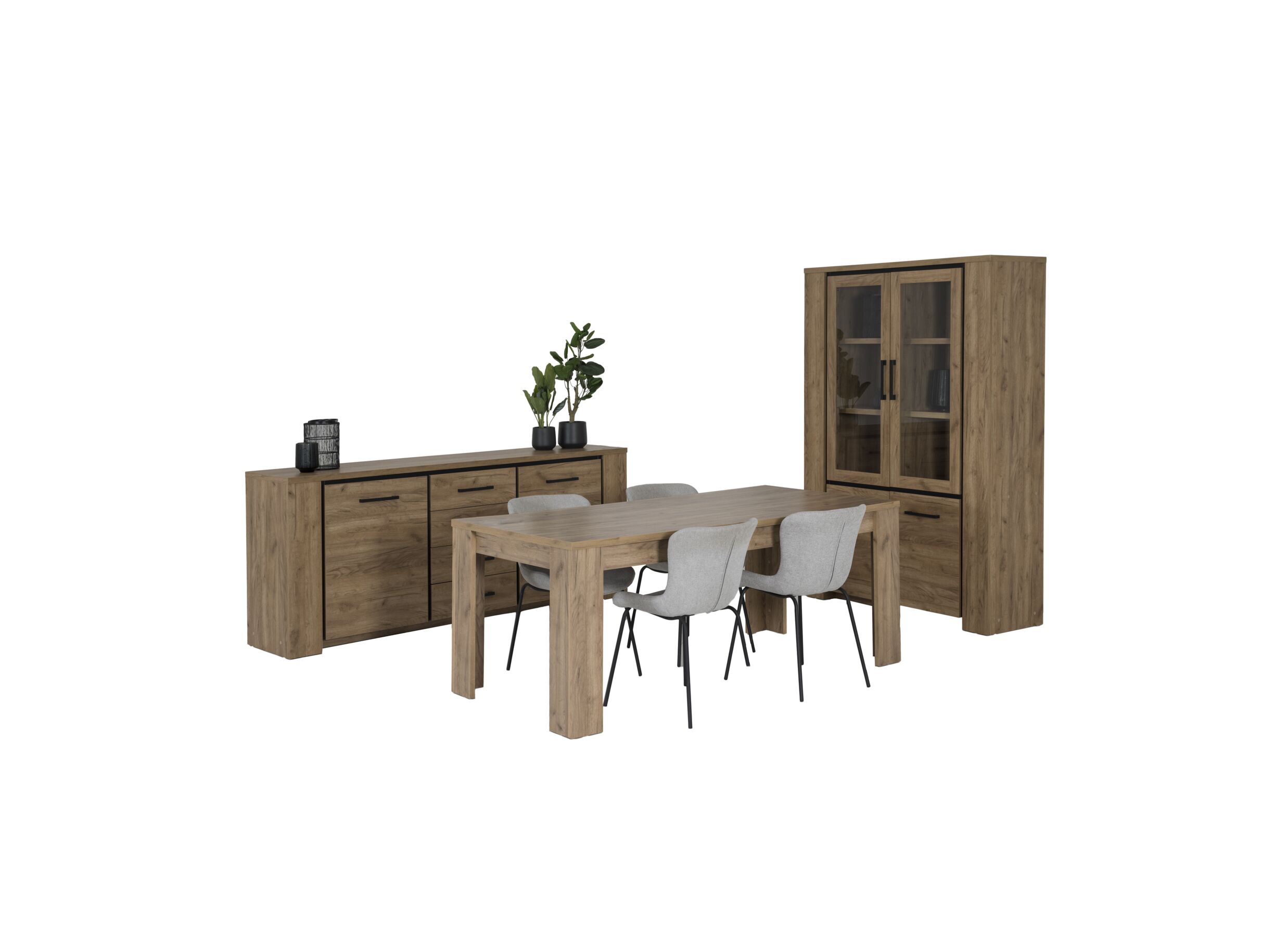 Eetkamer Elio met 4 stoelen Jutta - tafel 190x90cm - dressoir 220cm - vitrinekast 133cm - Eetkamer Elio met 4 stoelen Jutta - tafel 190x90cm - dressoir 220cm - vitrinekast 133cm