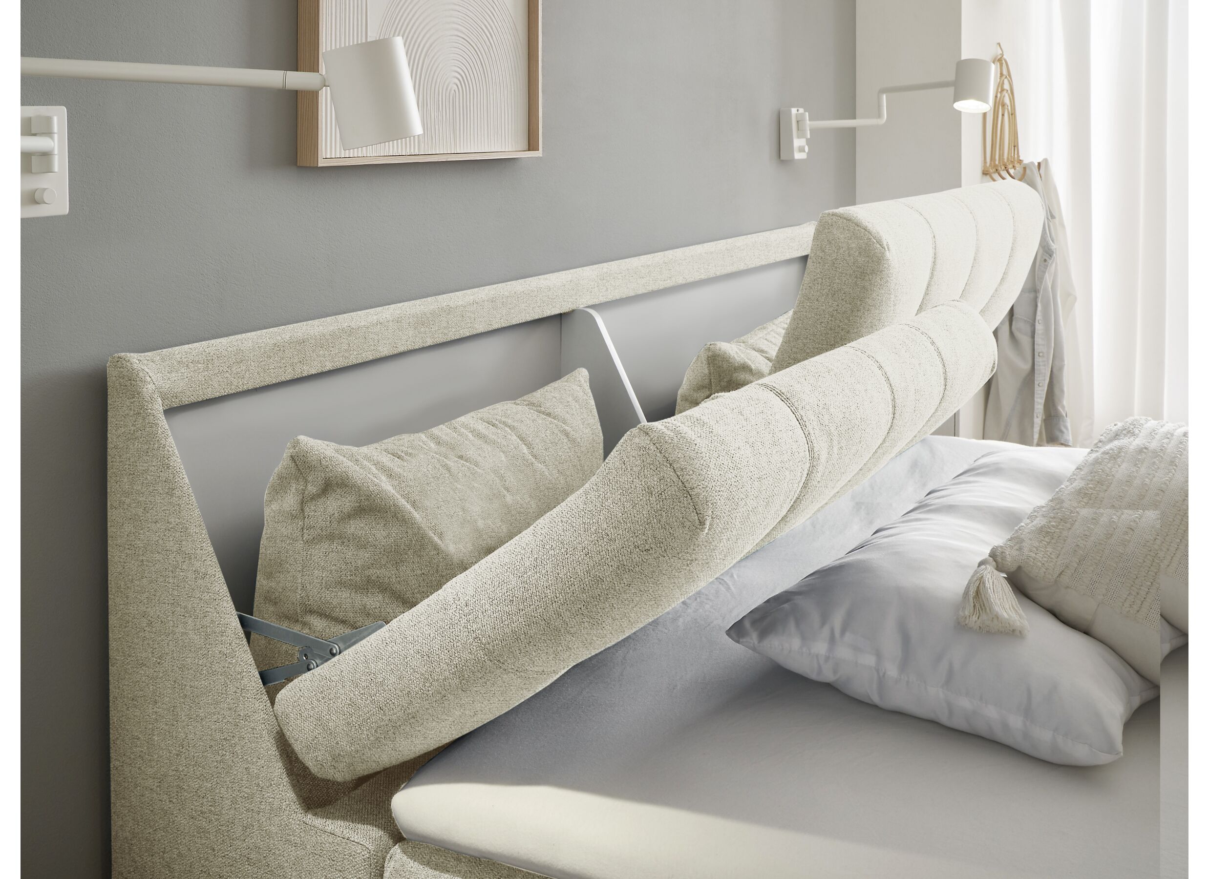 Foto ambiance - Lit box Atlantis 160x200cm avec rangement tissu ivoire