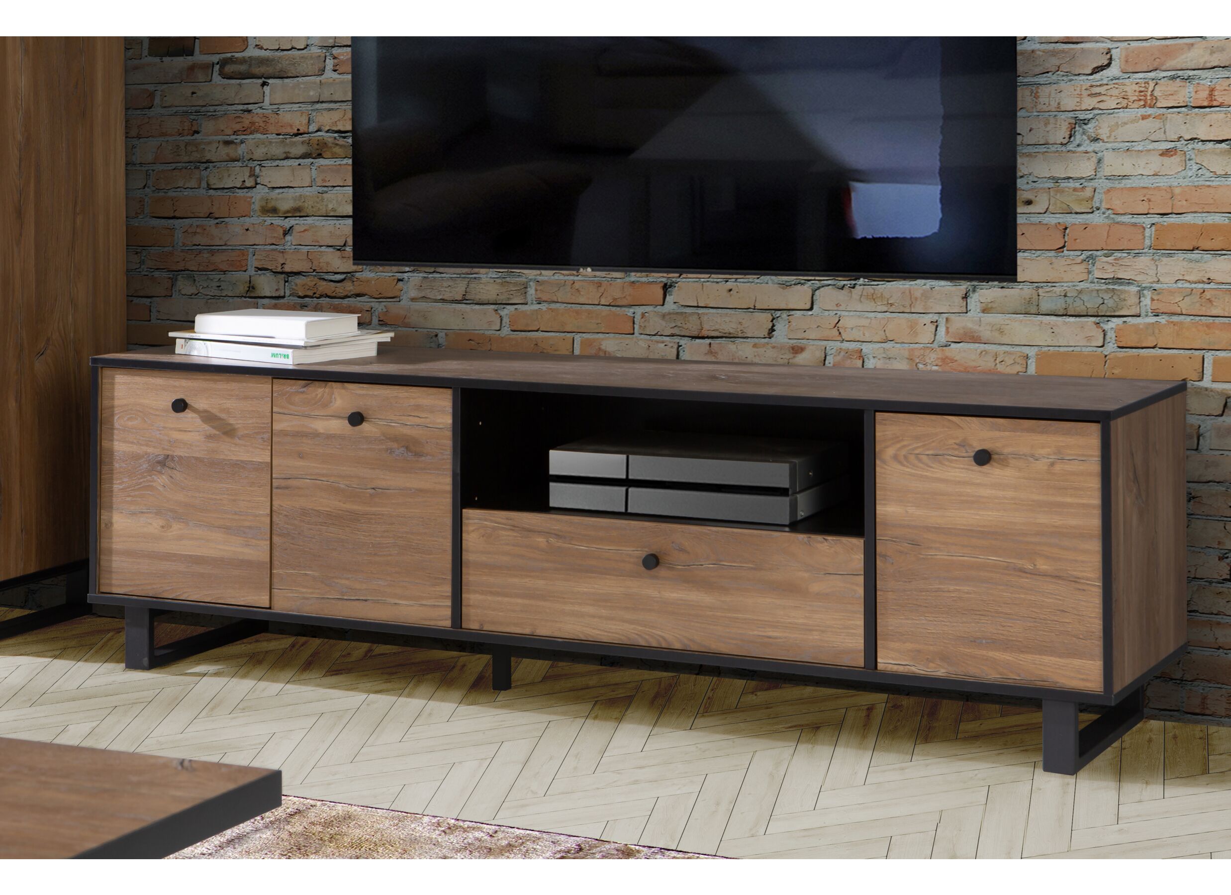 Photo ensemble - Meuble TV Sewill 181cm - panneau décor - chêne/noir