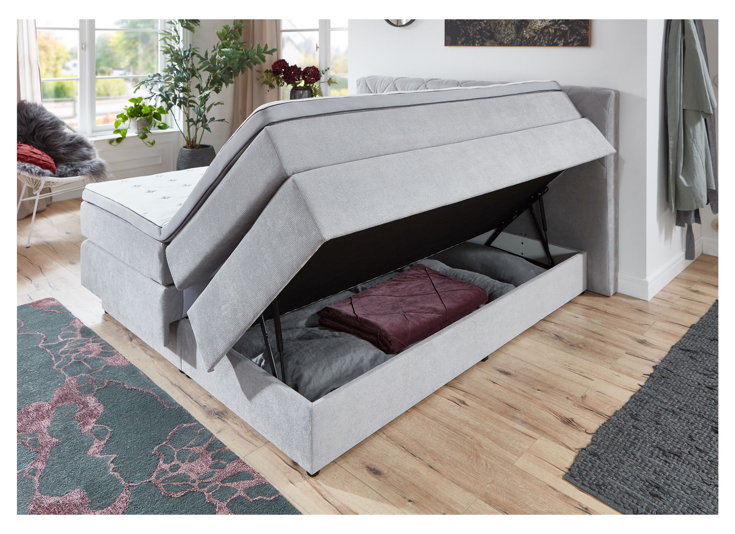 Boxspring BX2060 180x200cm avec rangement tissu gris clair