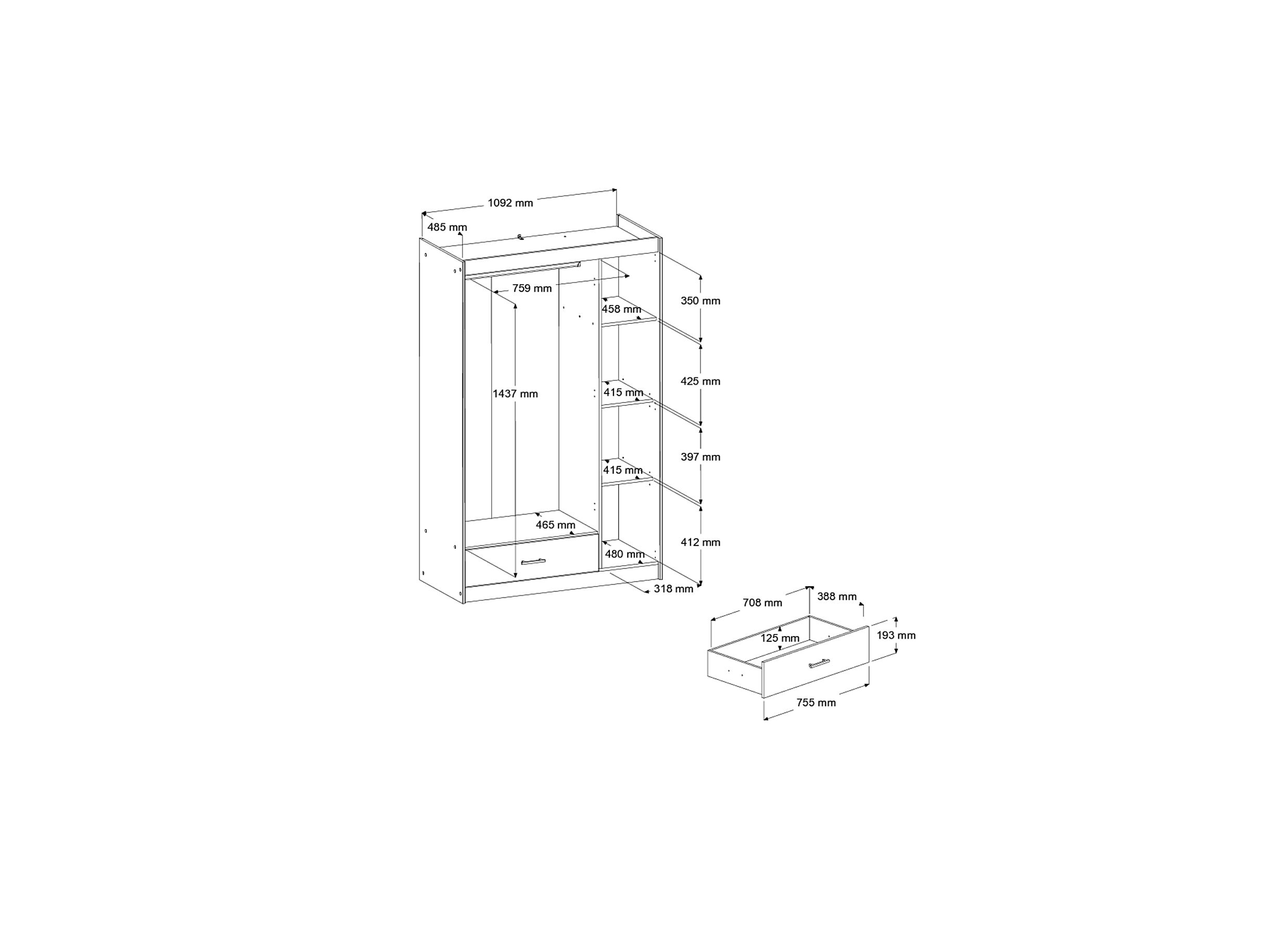 Dimensions - Garde-robe Charly 112cm - décor - acacia/blanc