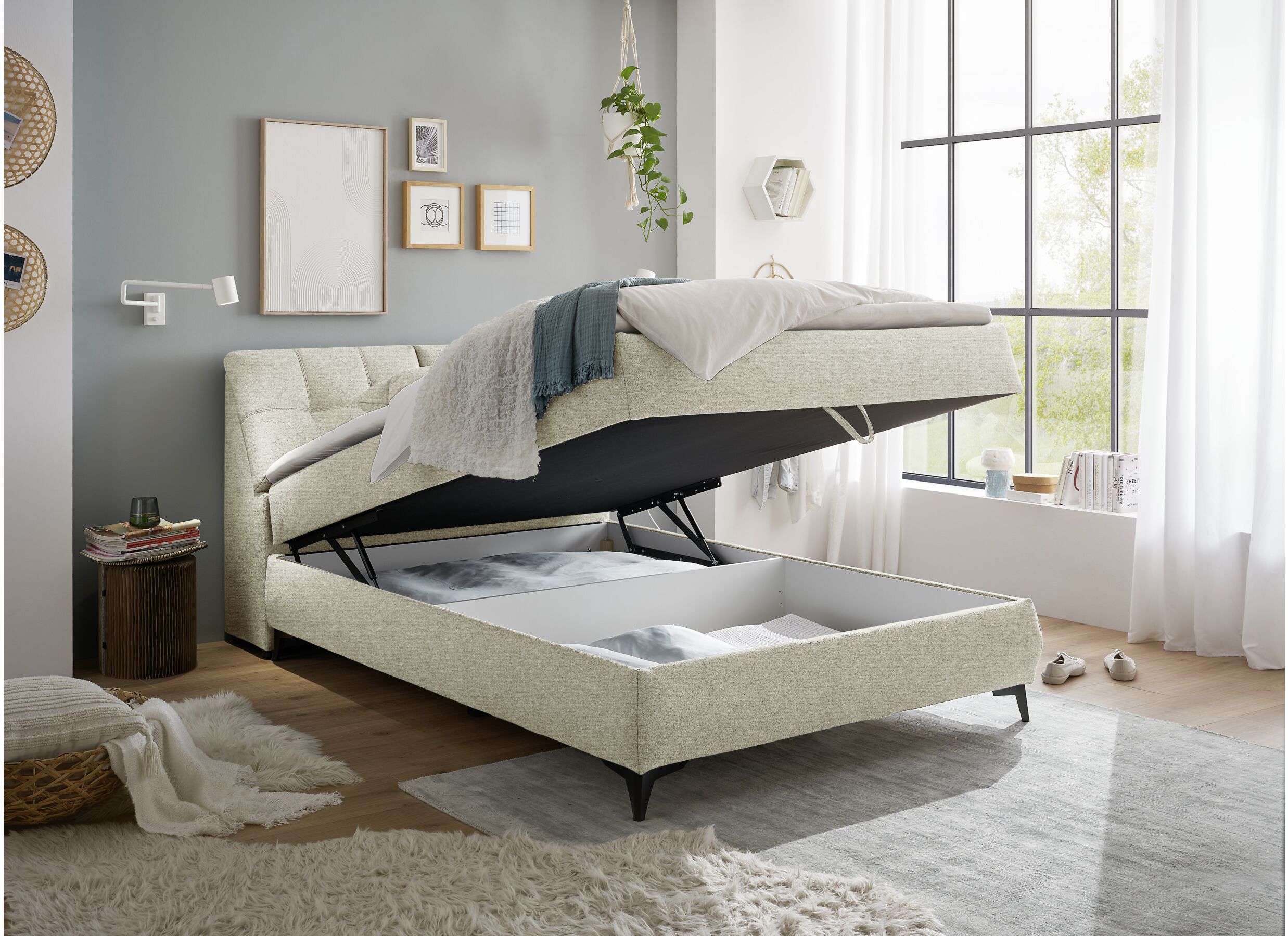 Foto ambiance - Lit box Atlantis 140x200cm avec rangement tissu ivoire