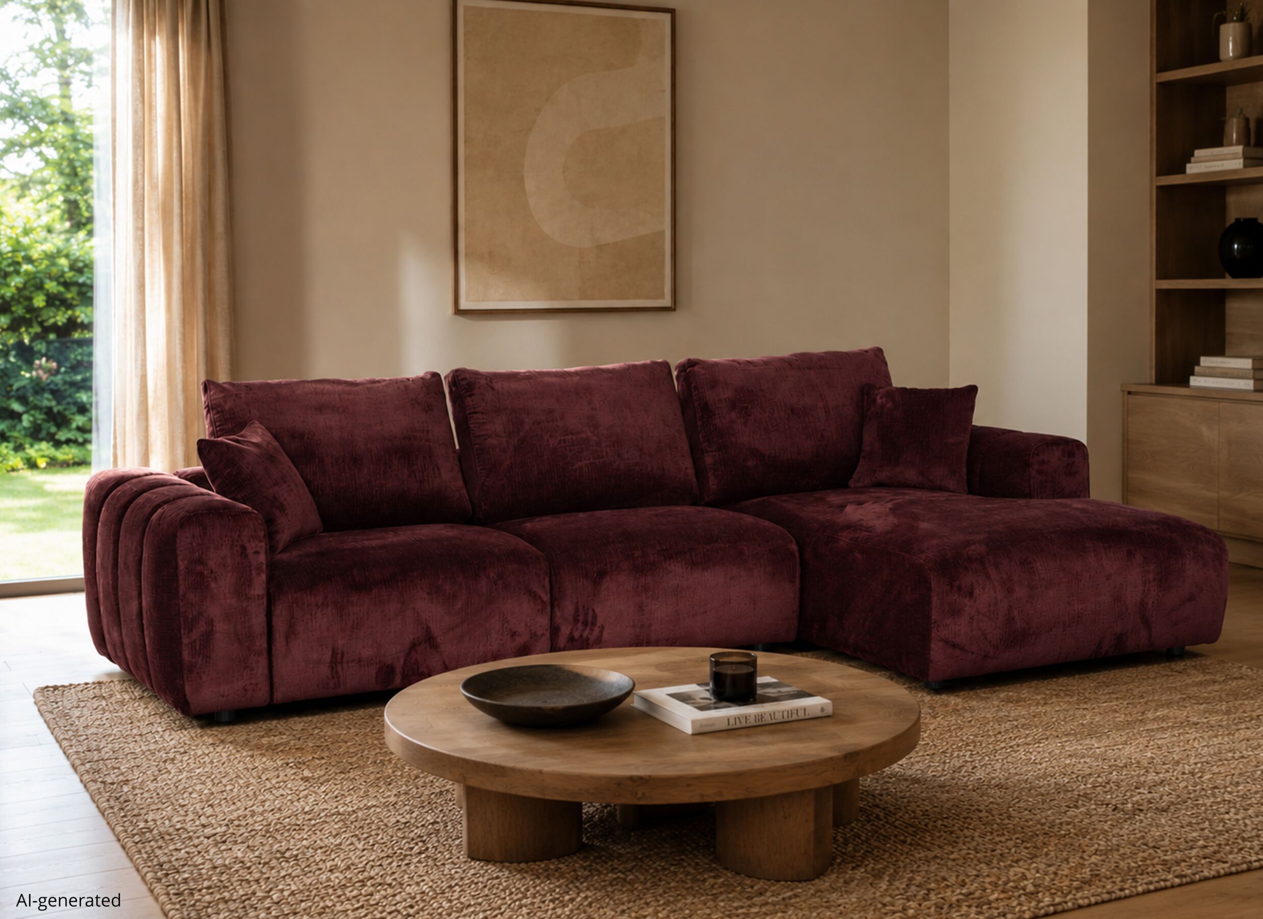 AI Generated - Hoeksalon Musigny 315x165cm - chenille - bordeaux