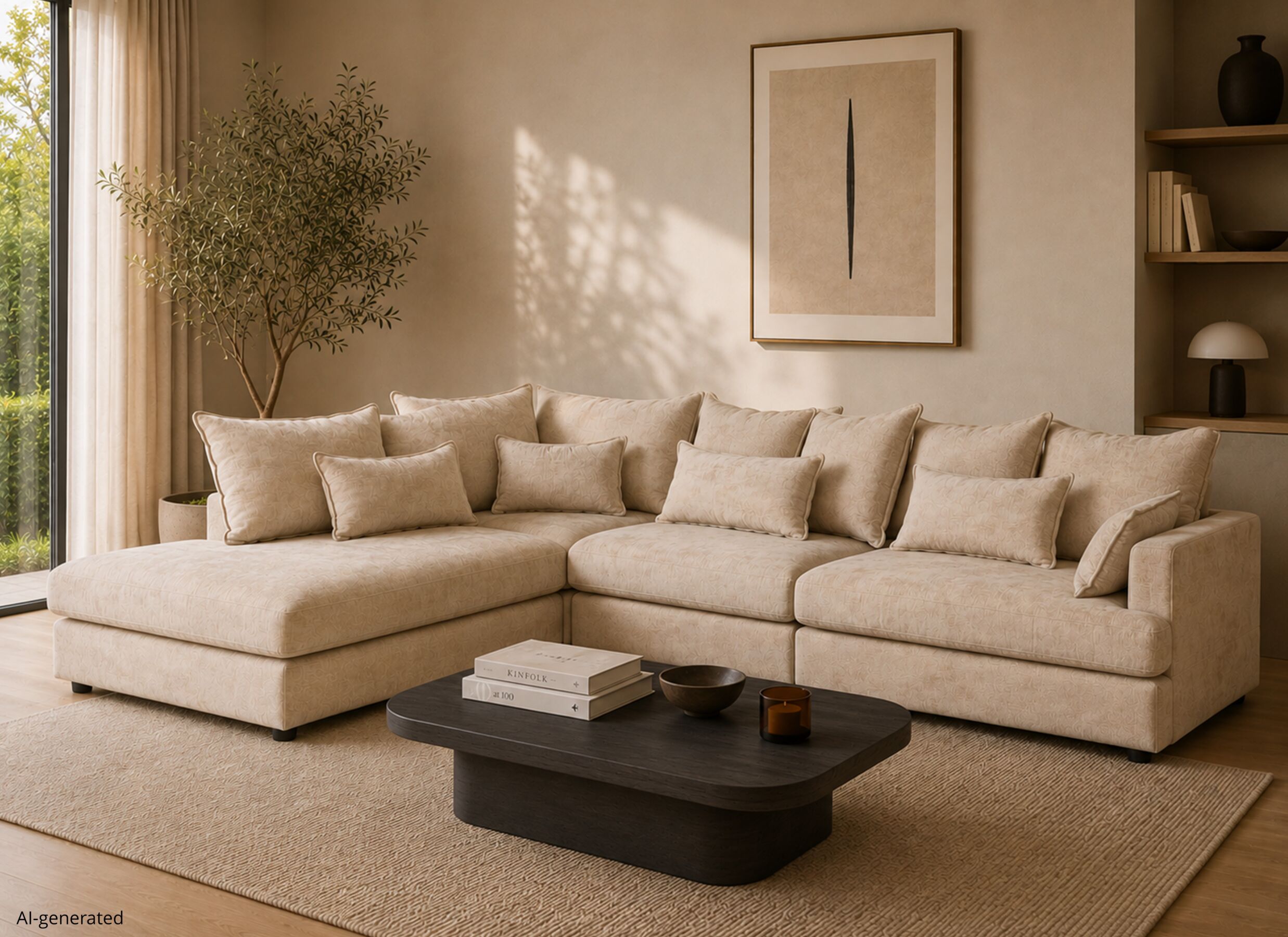 AI Generated - Canapé d'angle Maximilian 340x269cm - tissu - champagne
