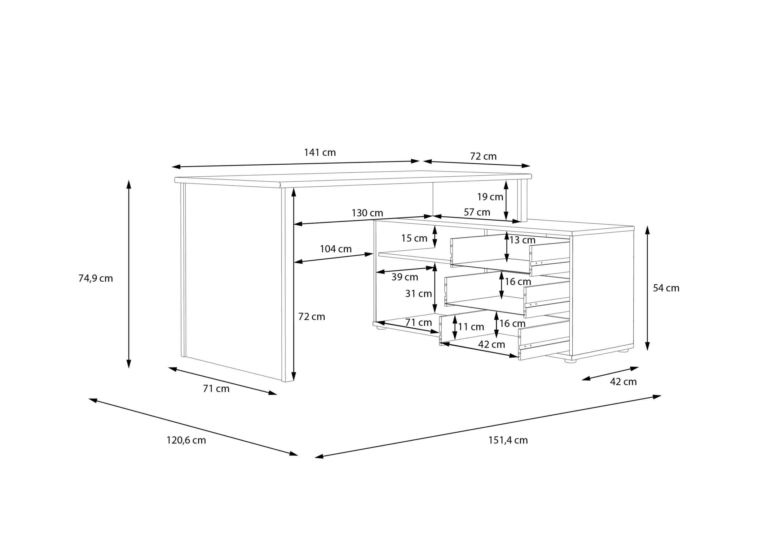 Dimensions - Bureau d'angle Topic 151x121x75cm - décor - blanc