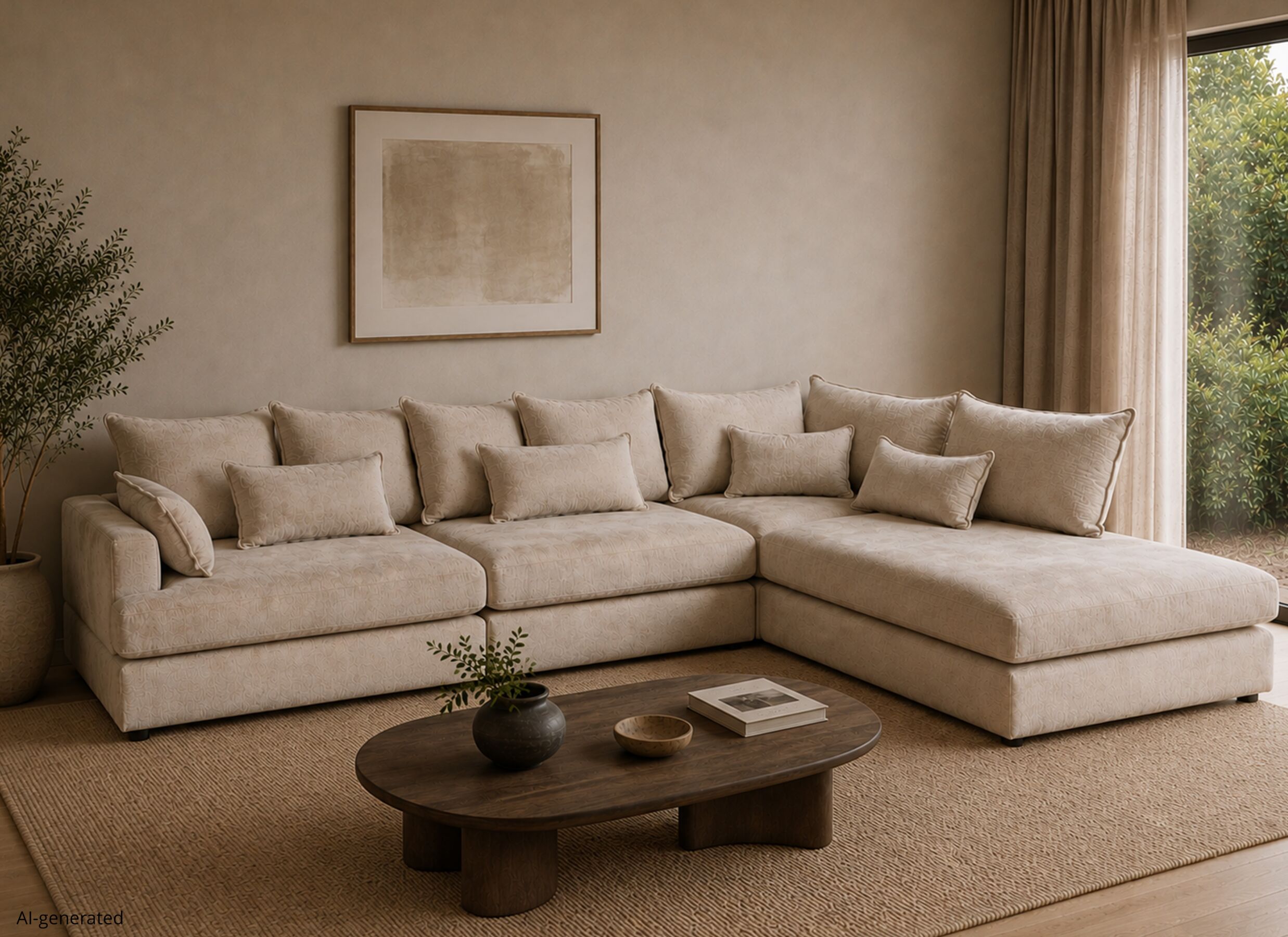AI Generated - Canapé d'angle Maximilian 340x269cm - tissu - champagne