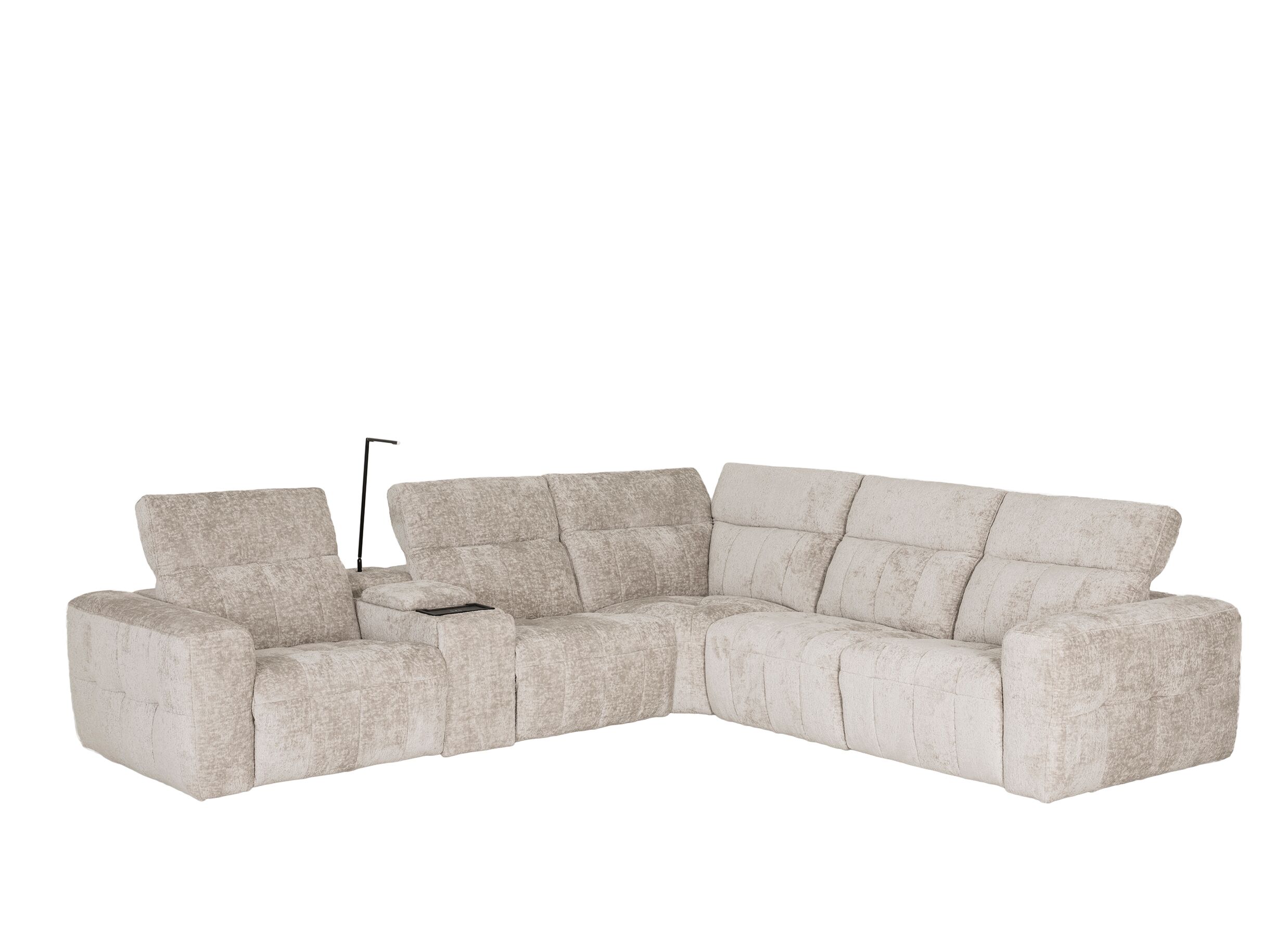 Aperçu - Canapé d'angle Crow 334x301cm - tissu - turtledove avec 3 fauteuils relax & rangement
