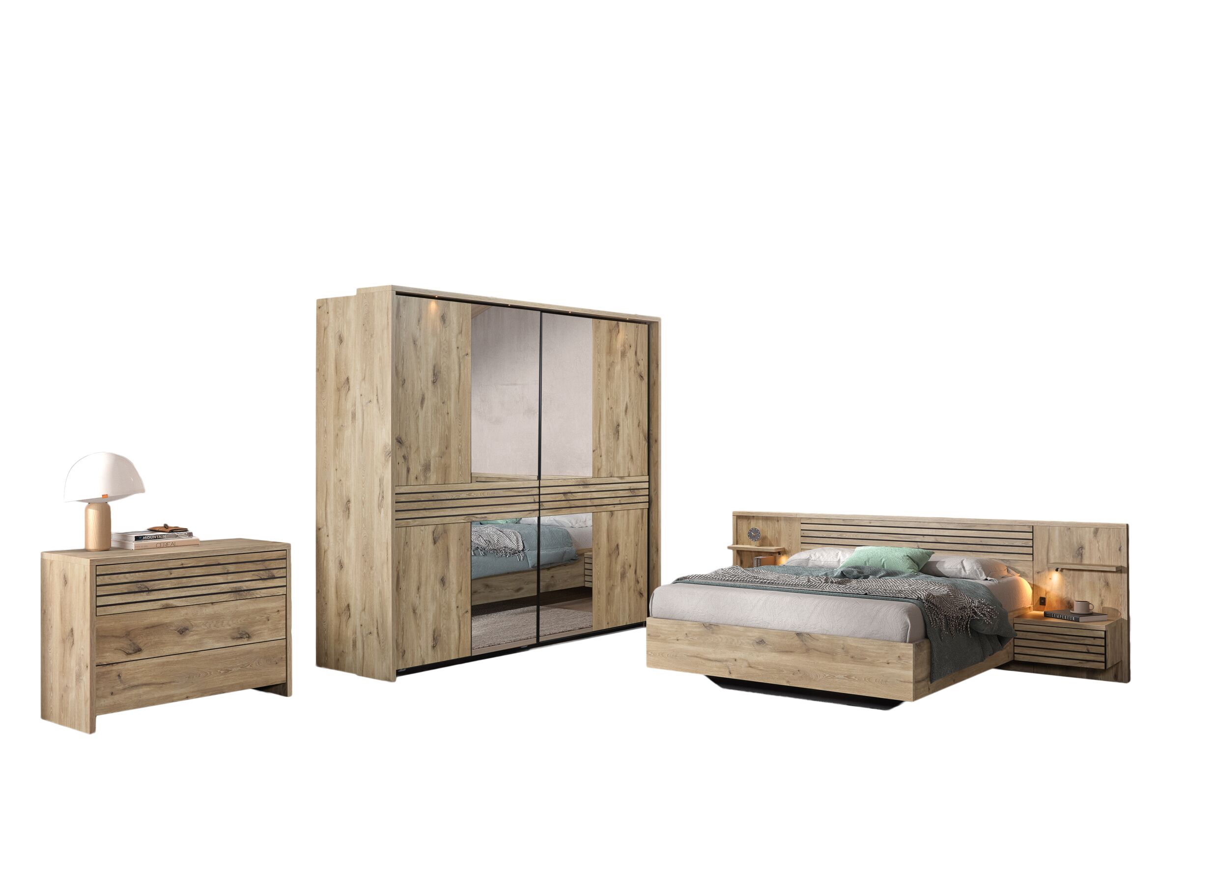 Photo ensemble - Chambre à coucher Tanya II avec lit 140x200cm - armoire 286cm - commode 111cm et 2 tables de chevet