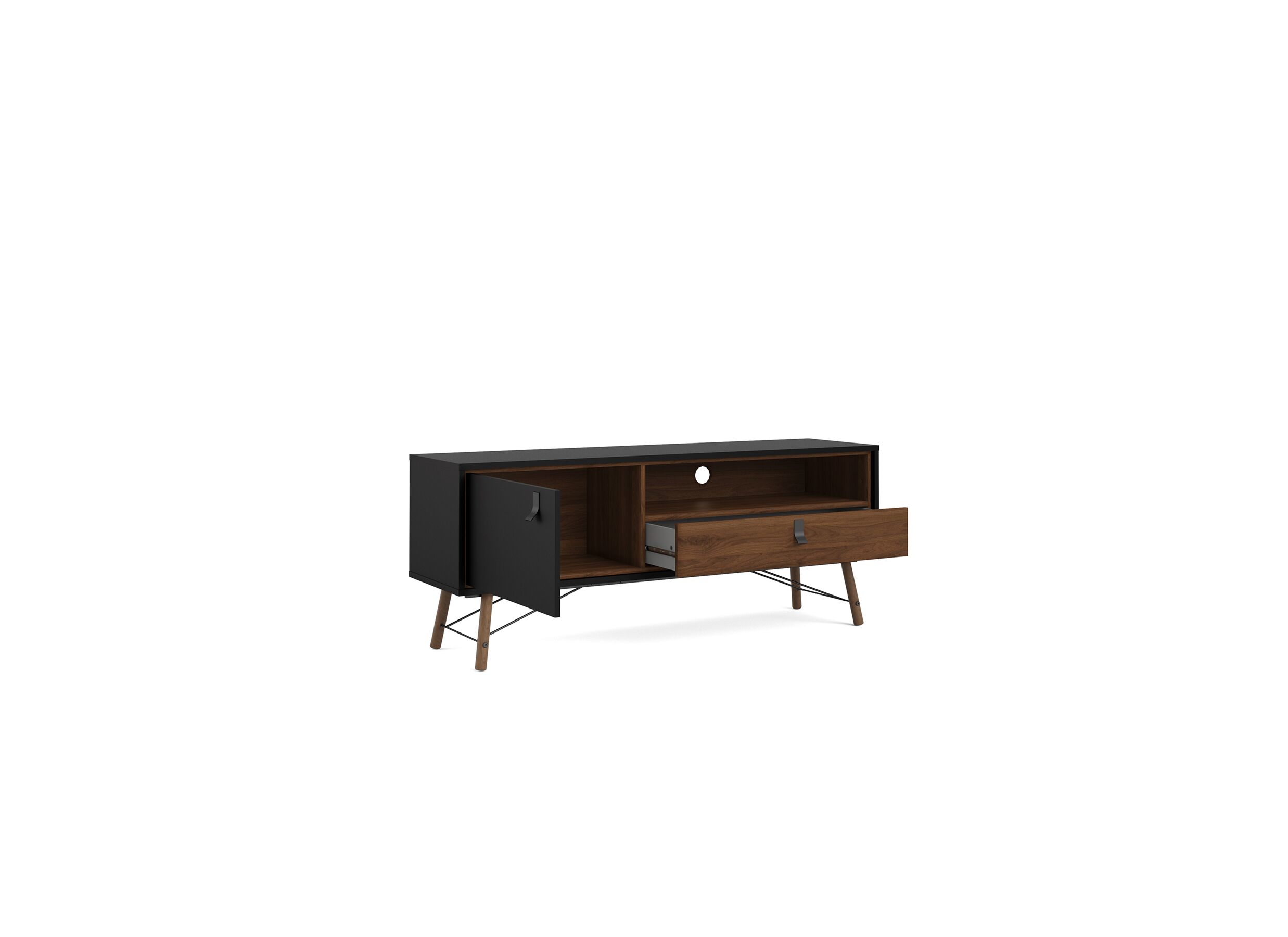 Tv-meubel Ry 151cm - vezelplaat - mat zwart & okkernoot