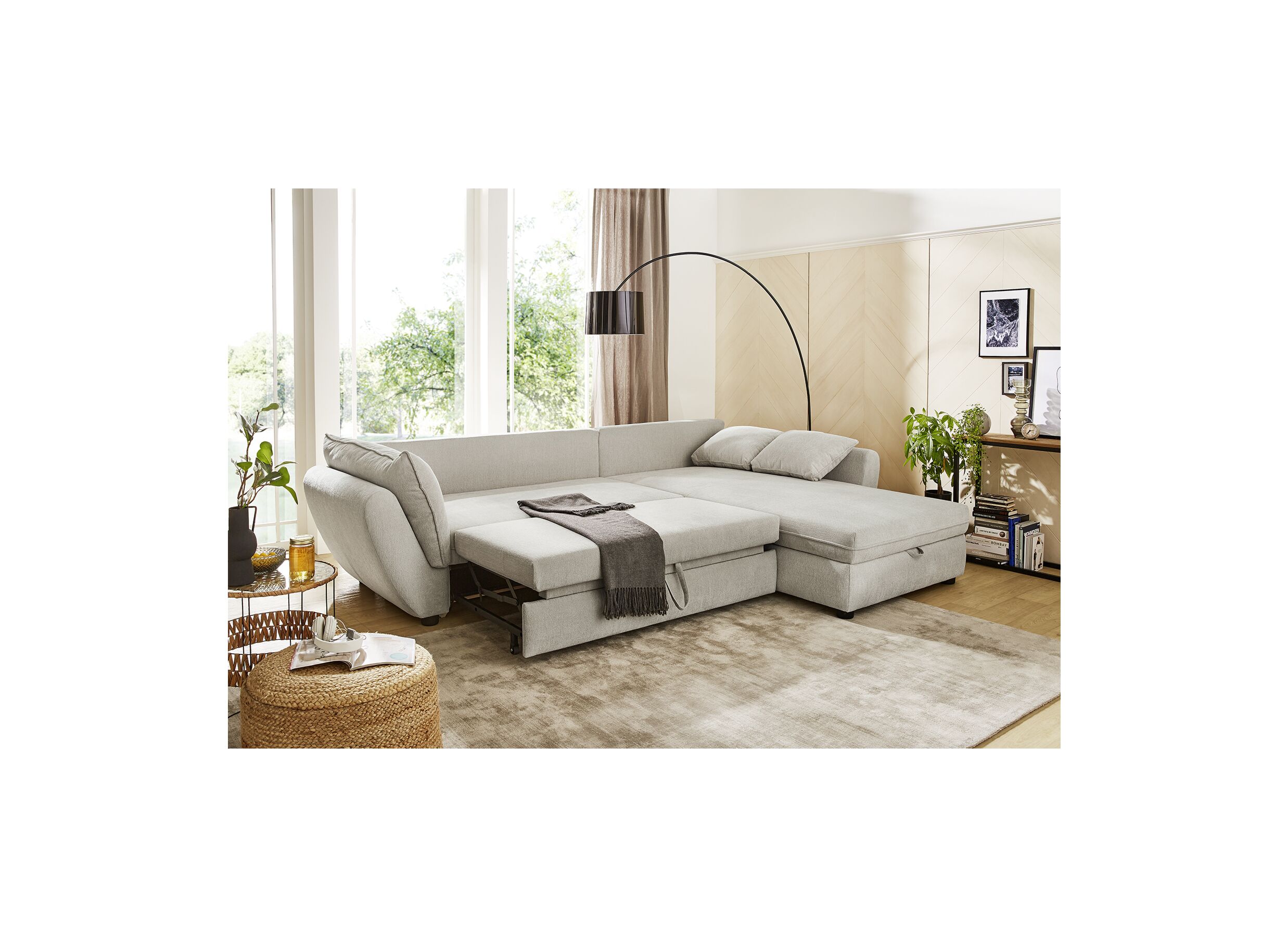 Canapé d'angle Jerez 303x205cm - tissu - greige avec fonction de lit et rangement