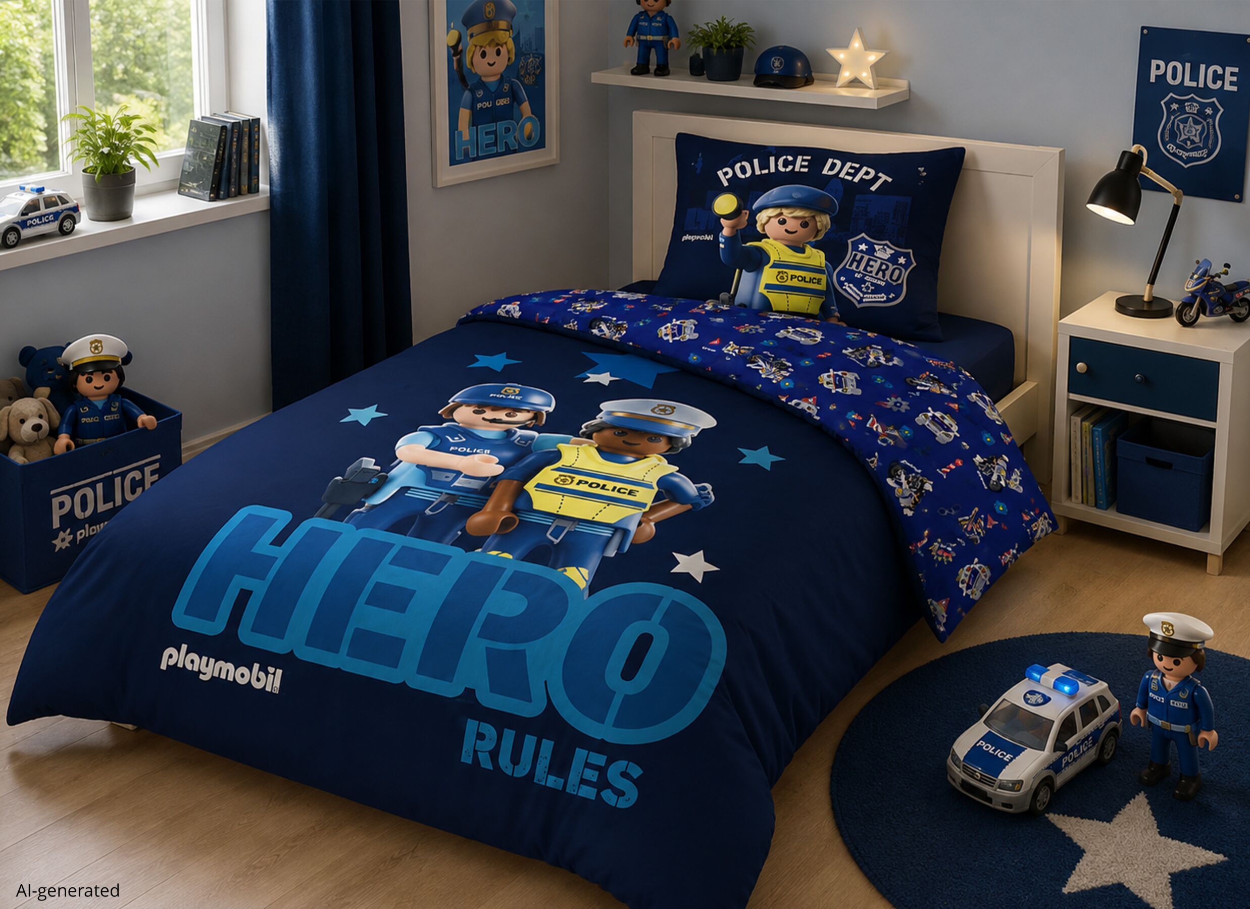 AI Generated - Housse de couette Playmobil 140x200cm - polycoton - bleu