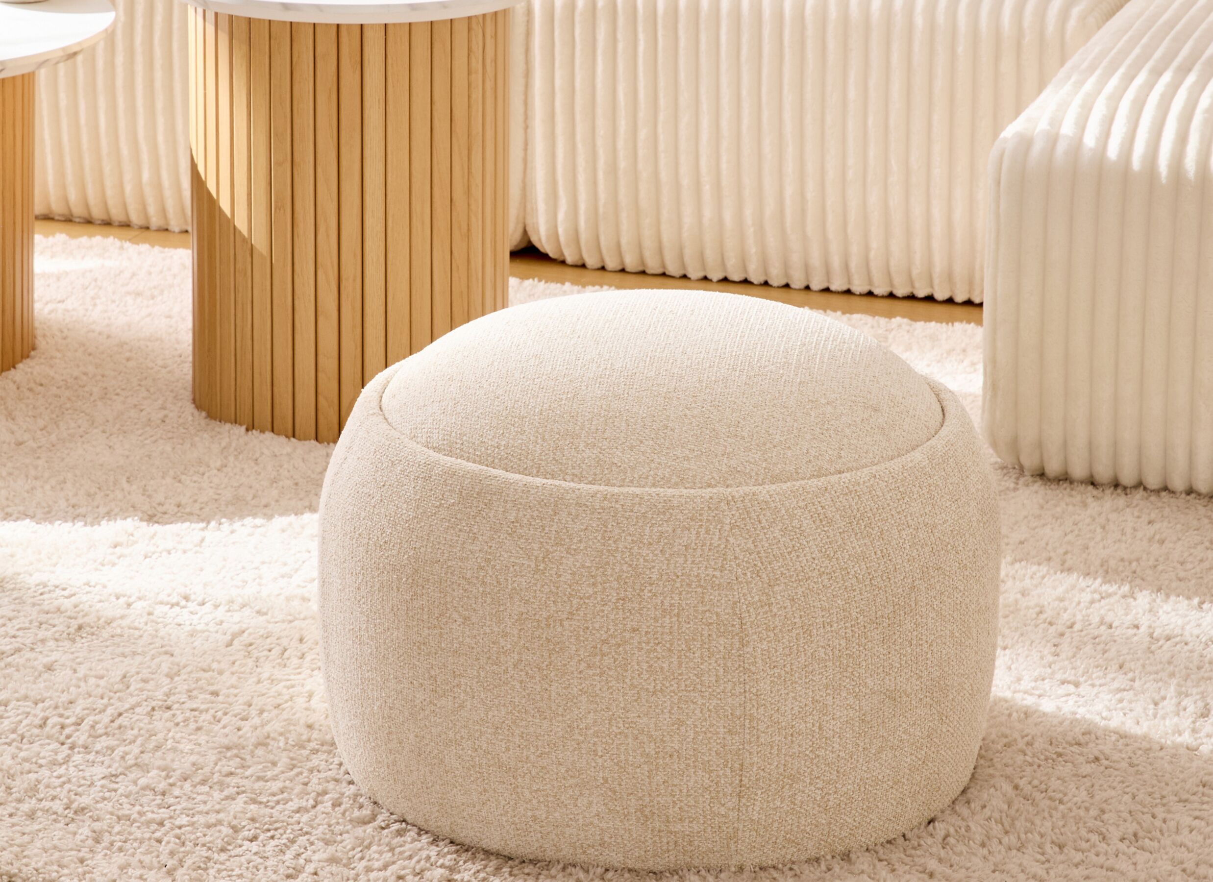Foto ambiance - Pouf Elior avec rangement Ø60cm - bouclé - crème