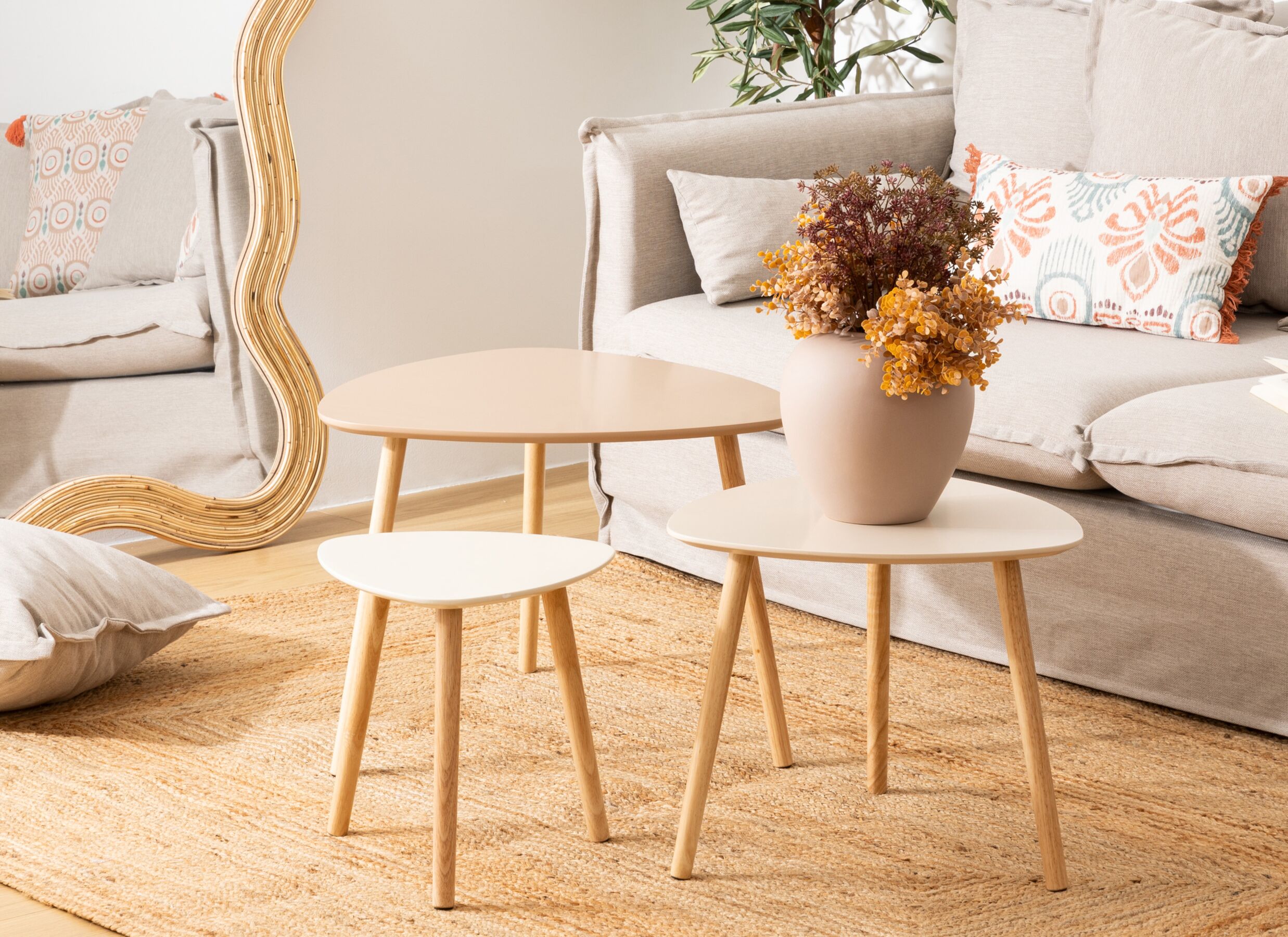 Foto ambiance - Table d'appoint Mileo hevea & MDF - beige & naturel lot de 3