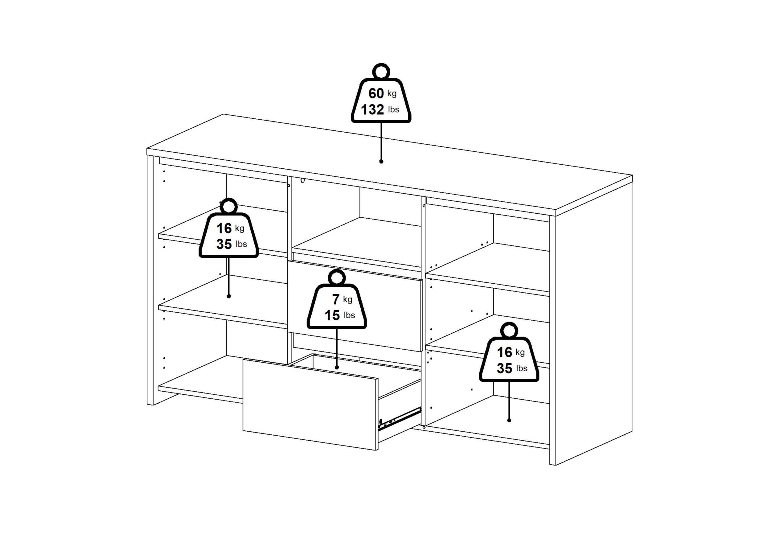 Dimensions - Buffet Next 149x48xH84cm - décor - blanc & jackson hickory