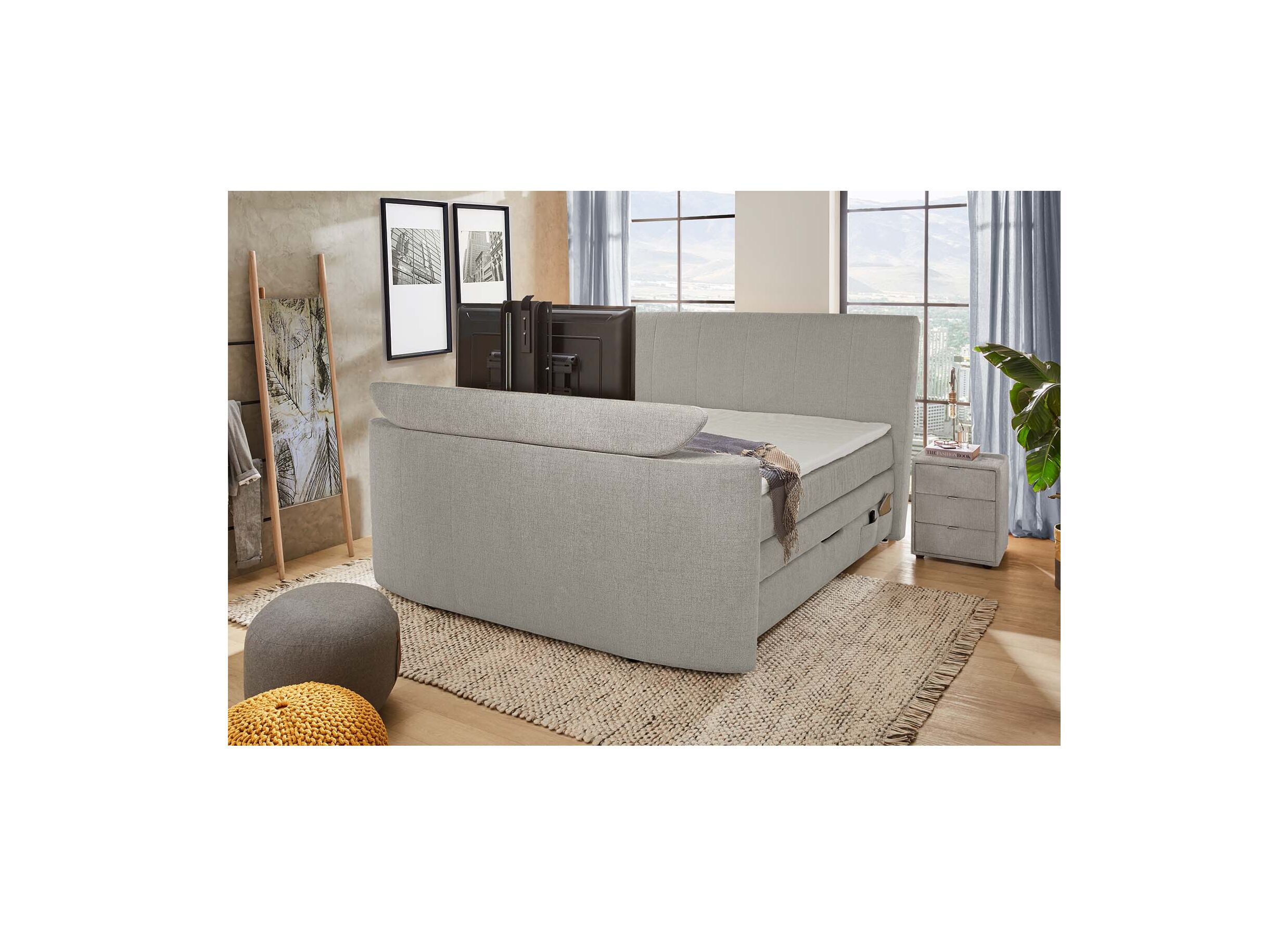 Aperçu - Boxspring Belair Mix 180x200cm avec ascenseur TV et rangement tissu gris clair