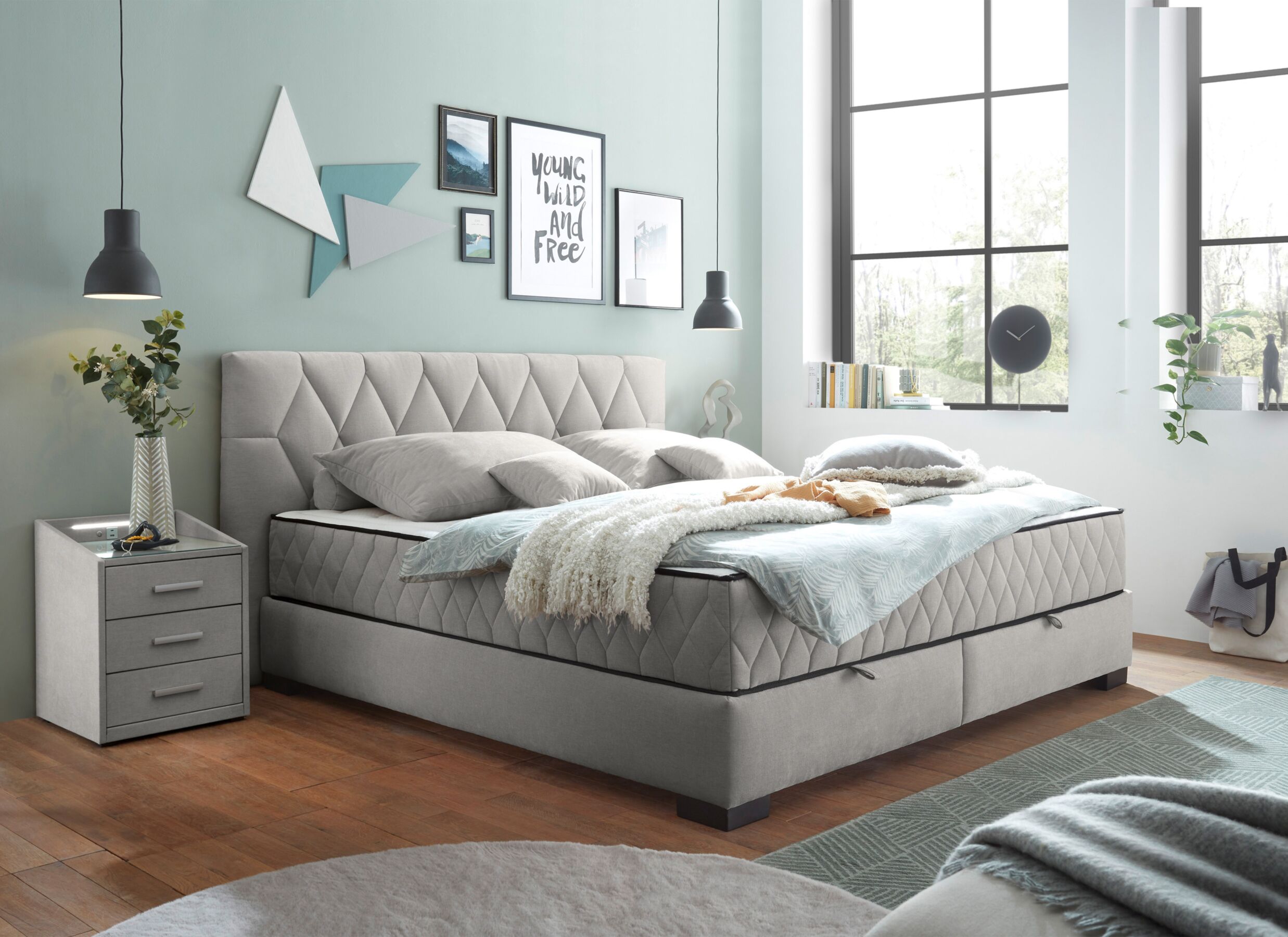 Foto ambiance - Lit box Nagol B 160x200cm - tissu - argent avec rangement