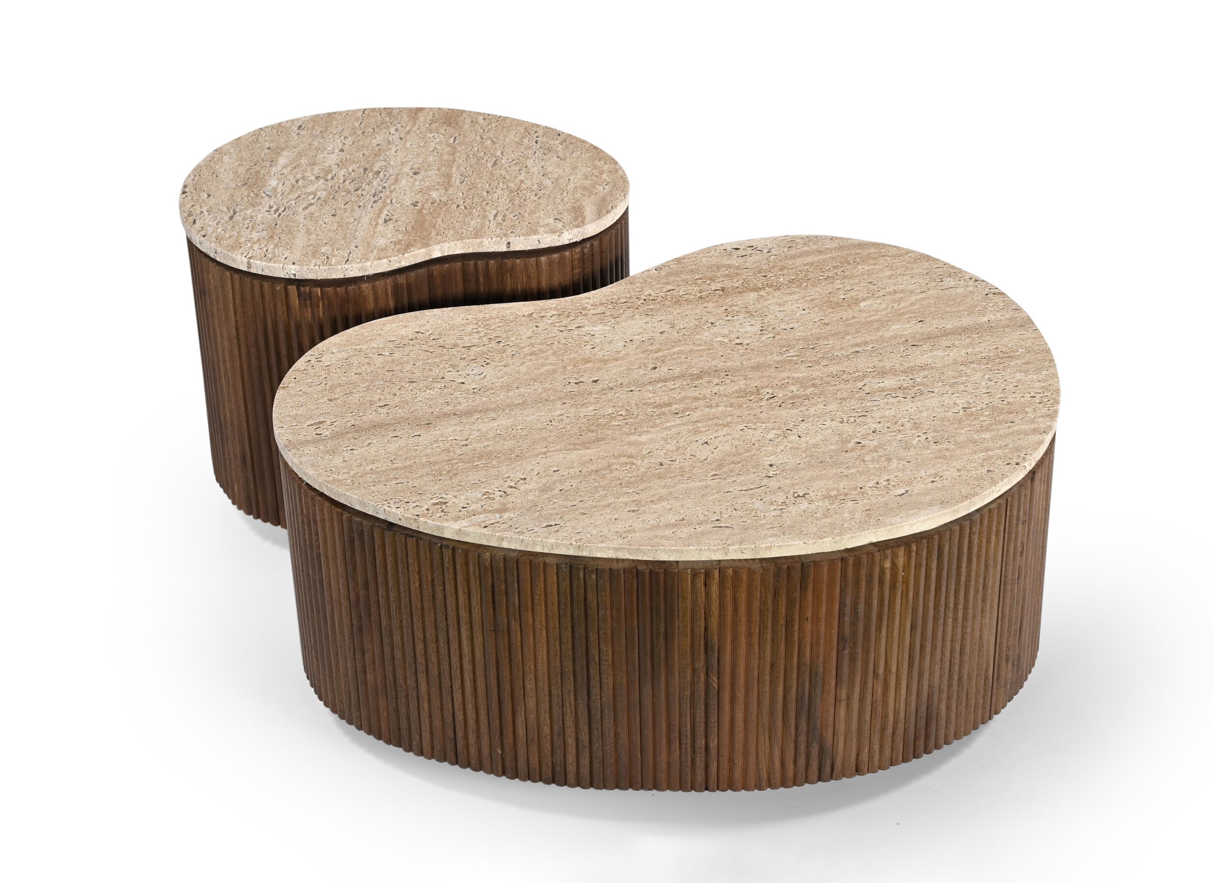 Aperçu - Table basse Fossa 80x60x35cm/50x38x40cm - manguier massif & travertin - marron lot de 2