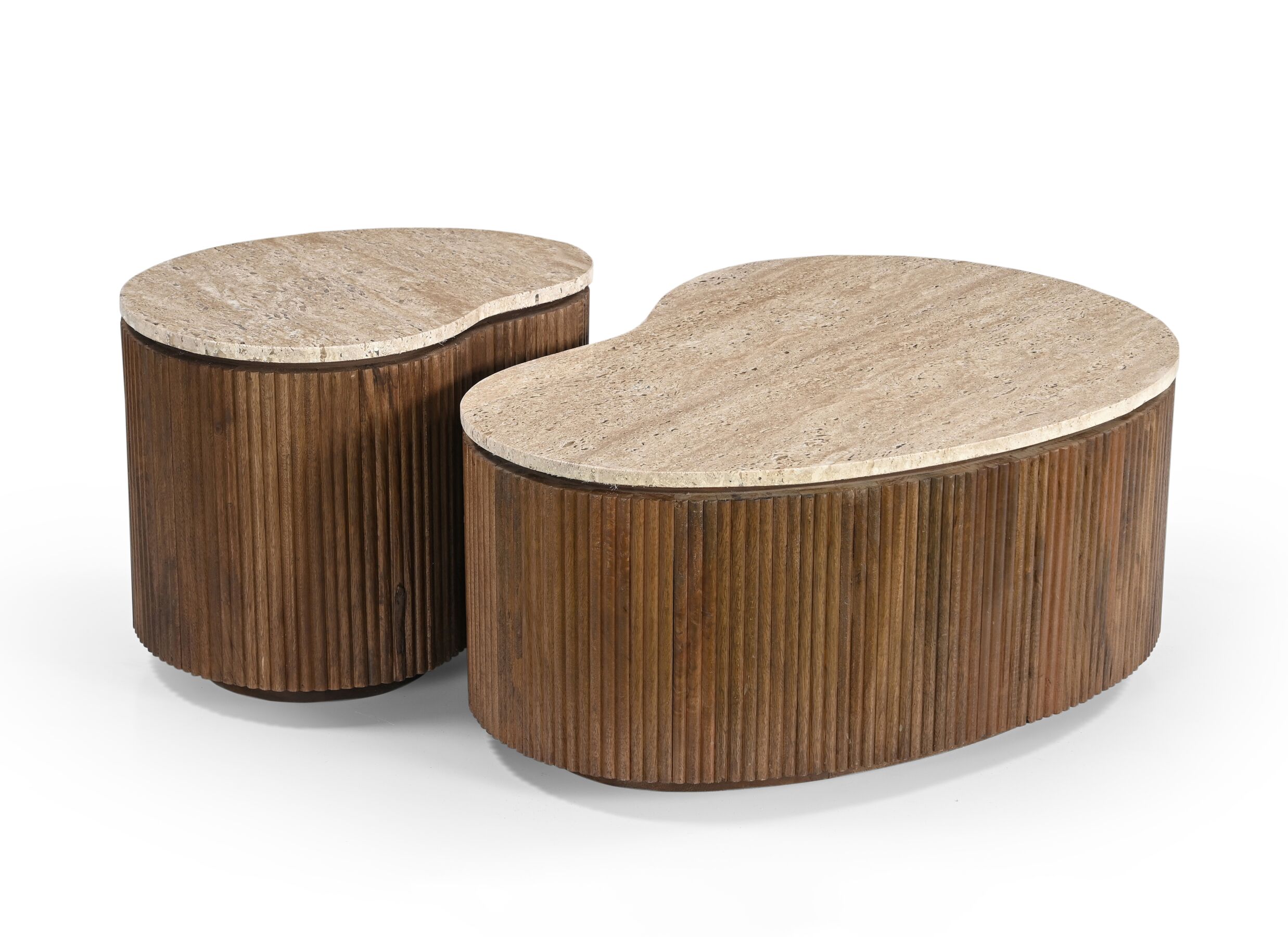 Aperçu - Table basse Fossa 80x60x35cm/50x38x40cm - manguier massif & travertin - marron lot de 2