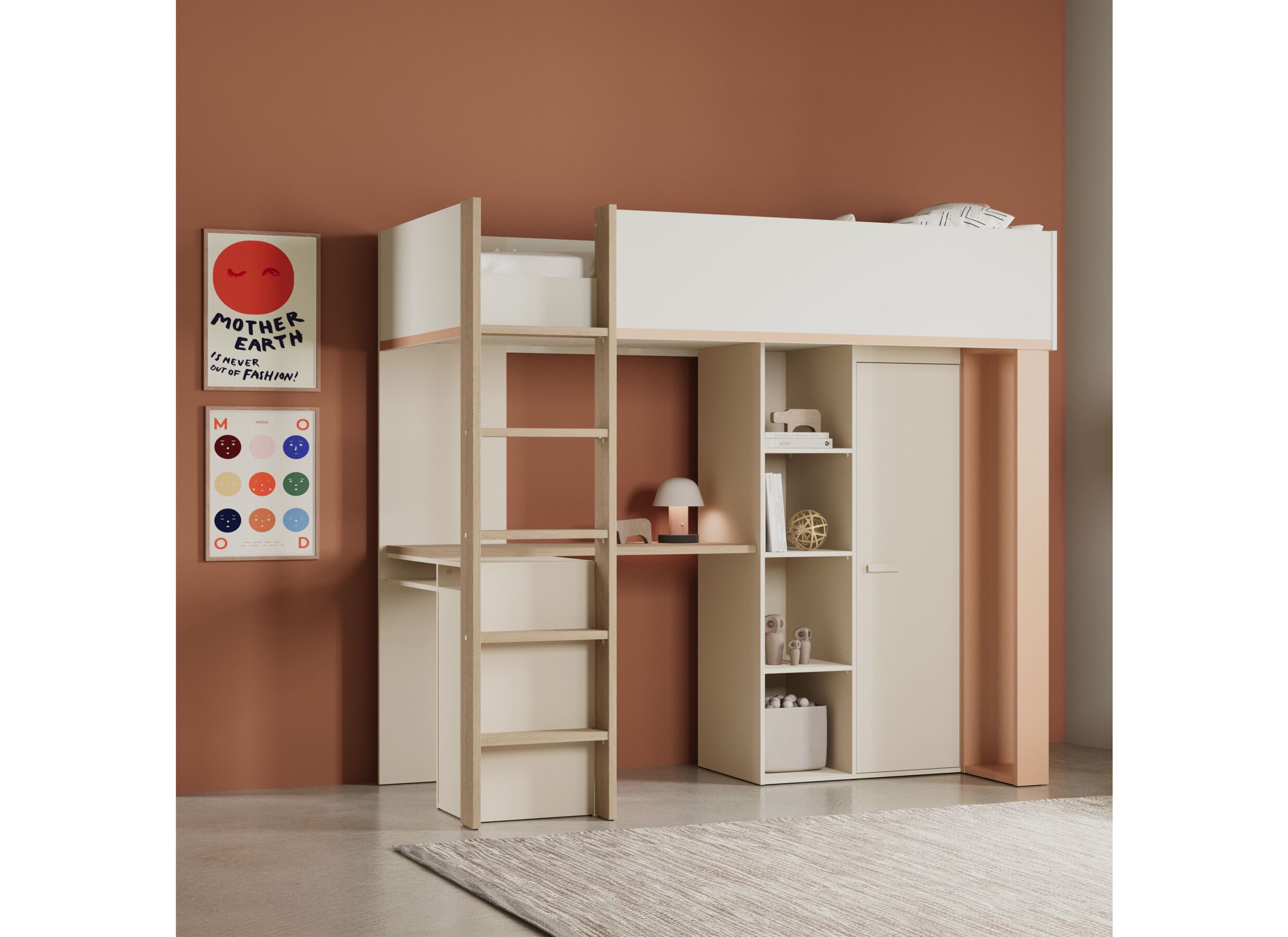 Sfeerfoto - Hoogslaper Camilia 90x200cm - decor - zand beige met bureau en opbergruimte