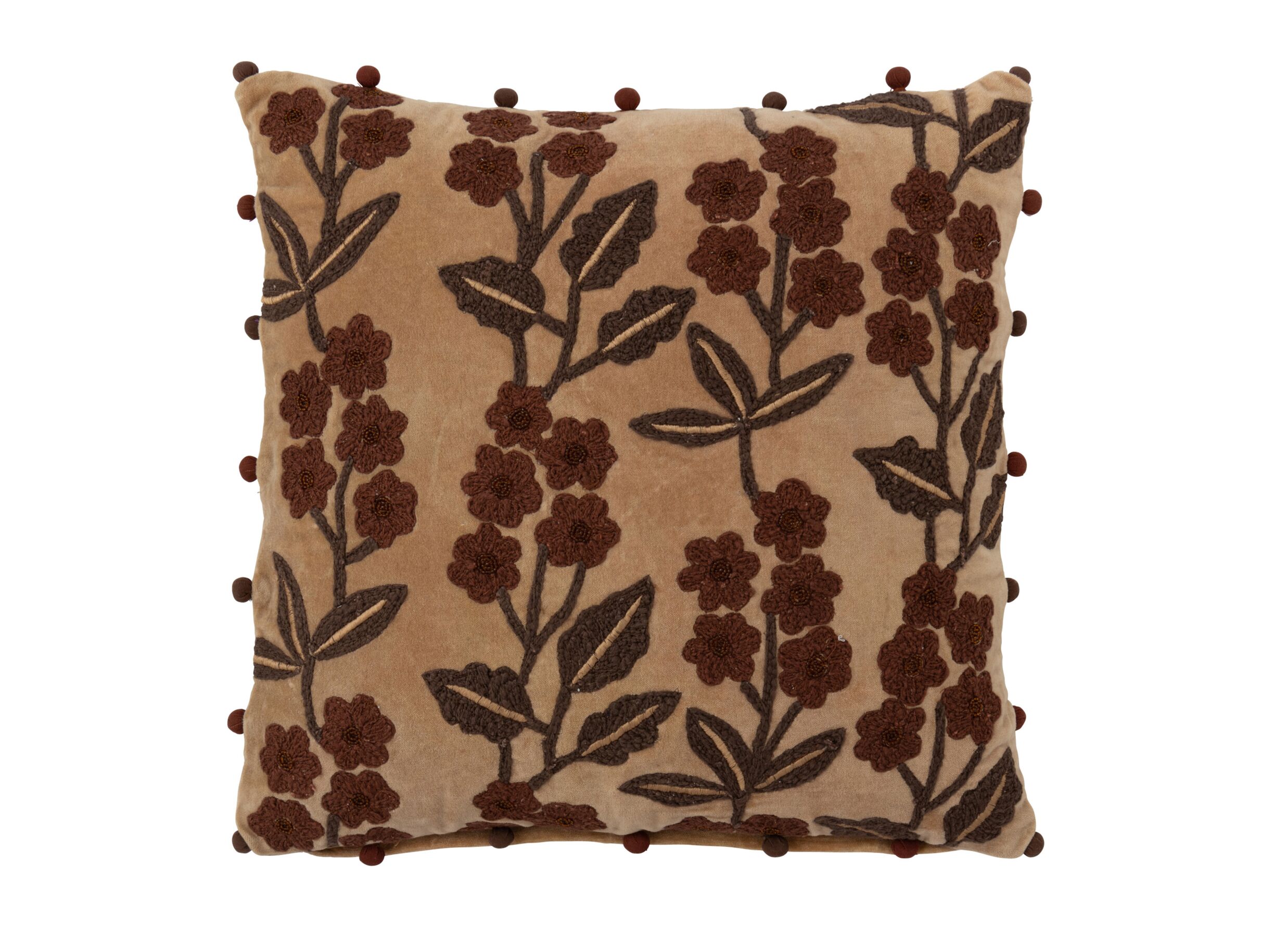Kussen Bloem & Bladeren 45x45cm - katoen - camel bruin - Coussin Fleurs & Feuilles 45x45cm - coton - marron camel