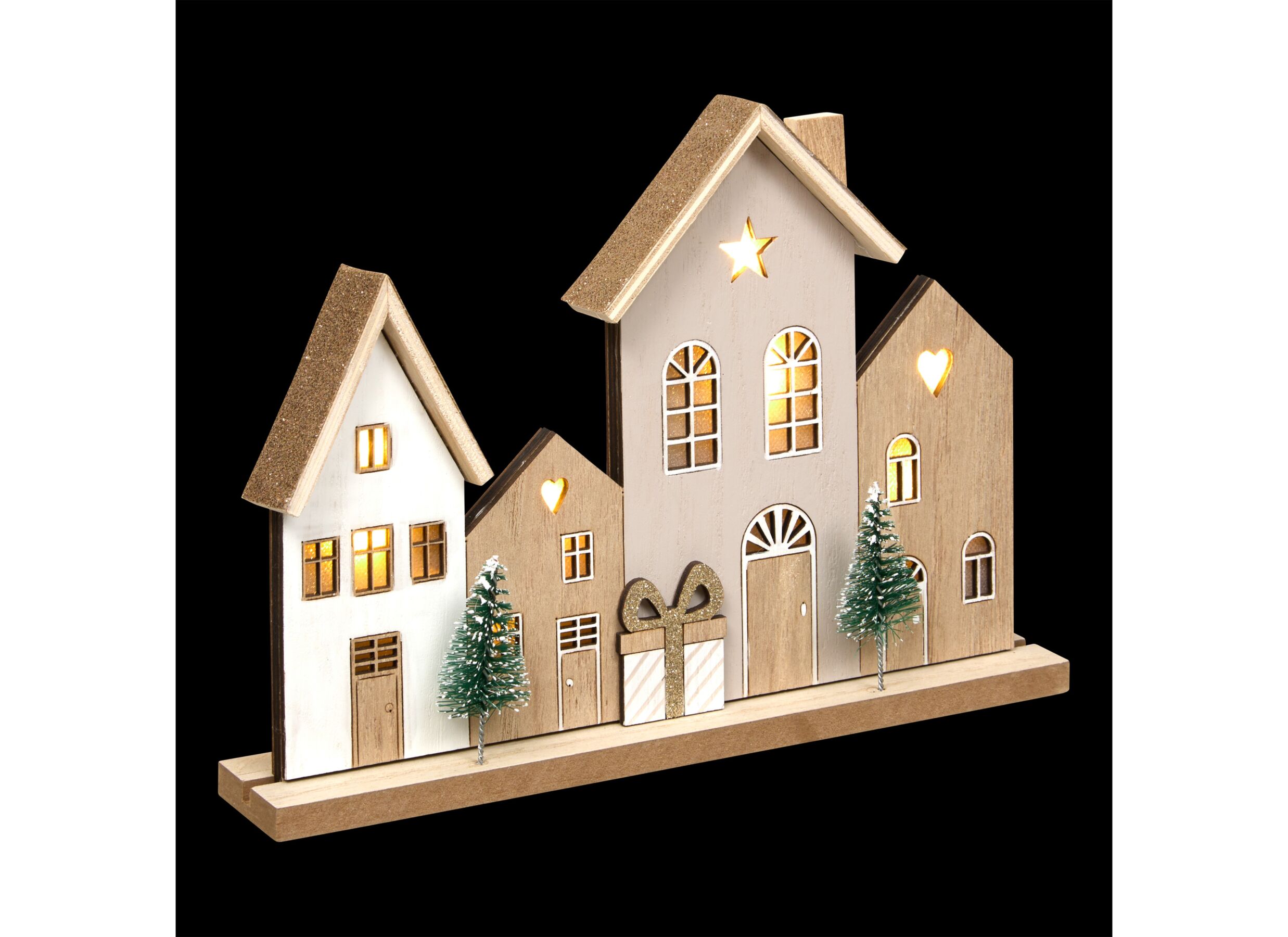 Overzichtsfoto - Kerstdecoratie Huisjes LED H23,5cm - hout - bruin incl. batterij