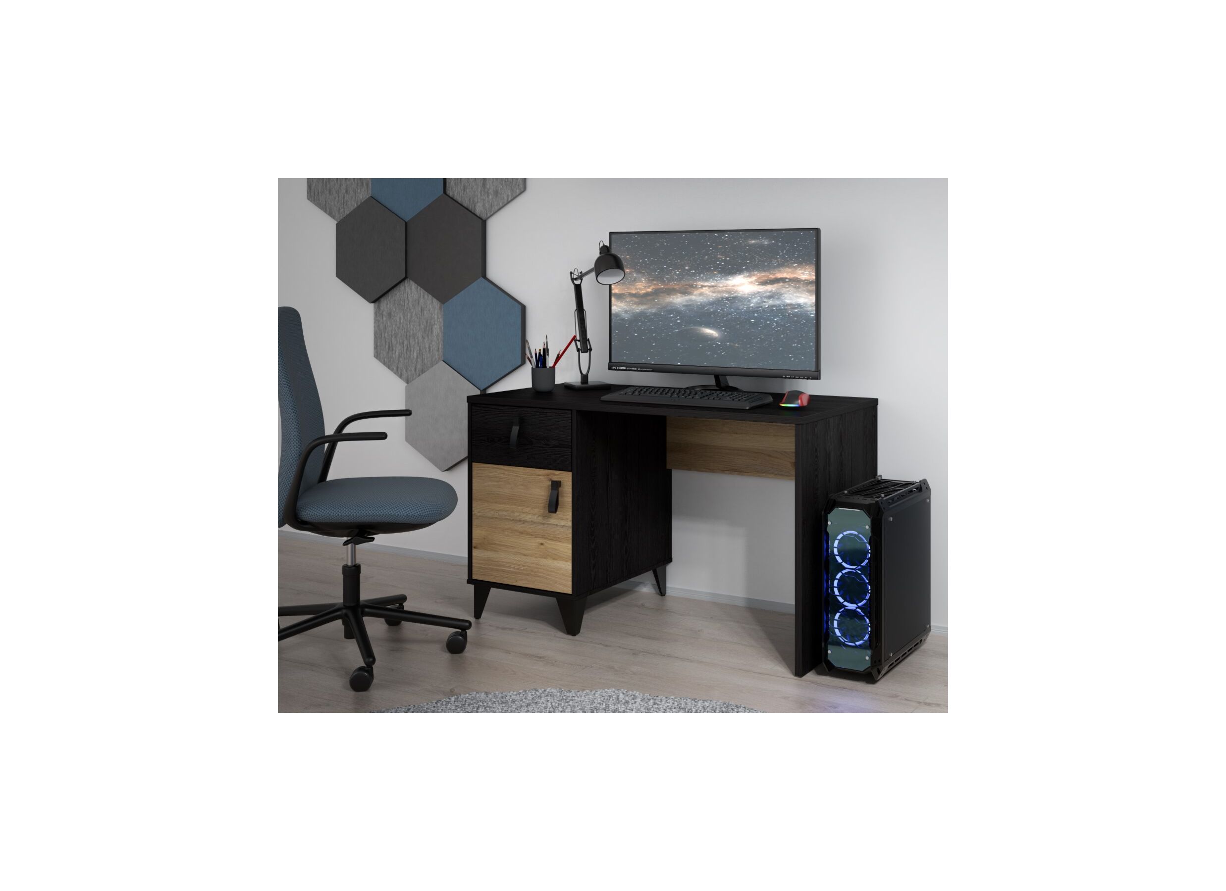 Foto ambiance - Bureau Lya 120x60x73cm - panneau décor - cabezone oak/mauvella