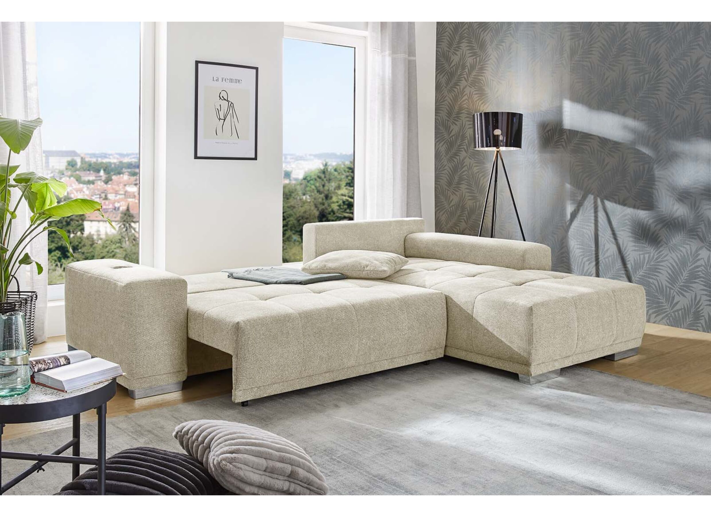 Aperçu - Canapé d'angle Luciano 282x204cm - tissu - beige avec fonction de lit et rangement