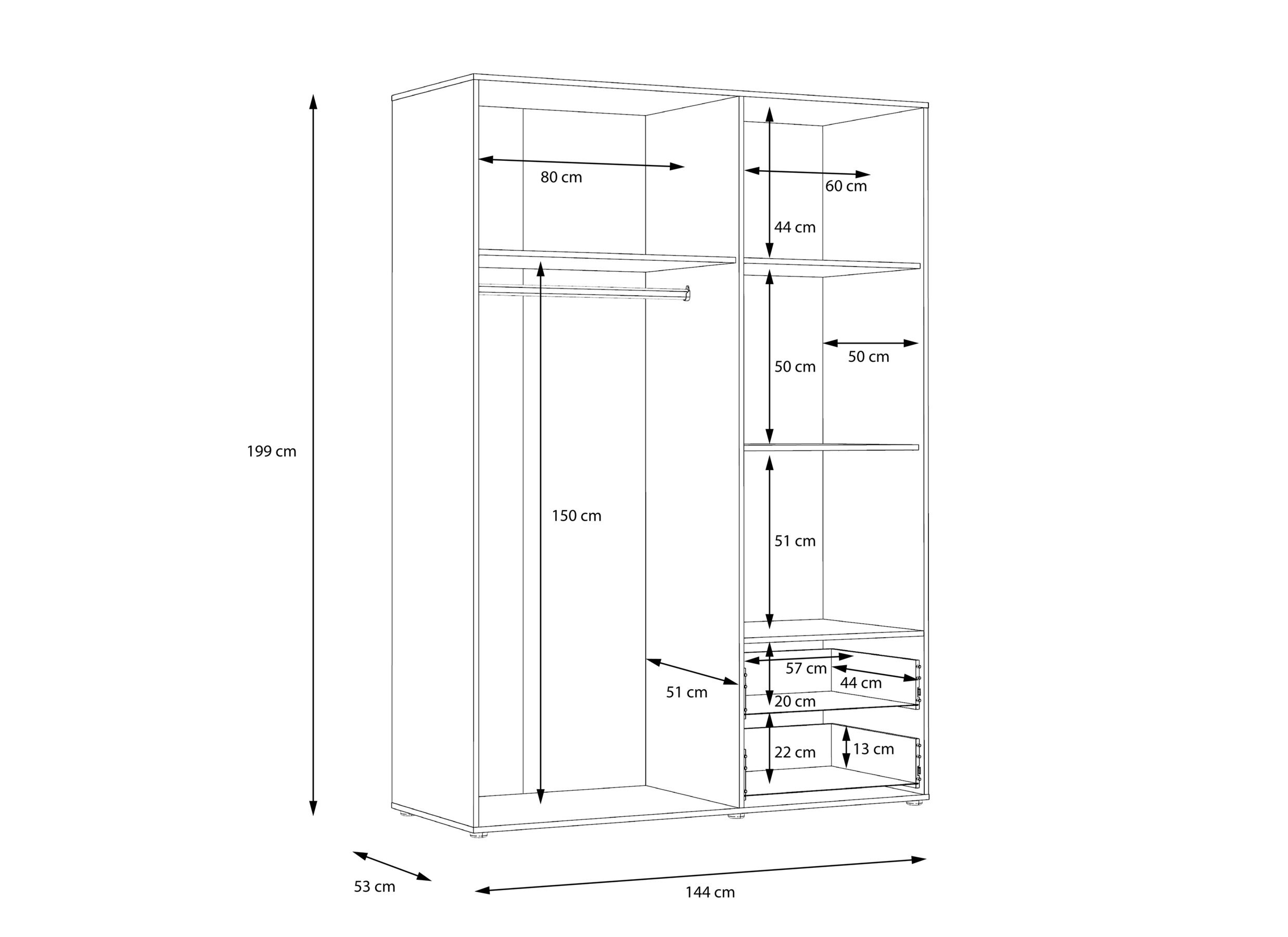 Afmetingen - Kleerkast Mokkaro 145cm - decor - wit/sonoma eik
