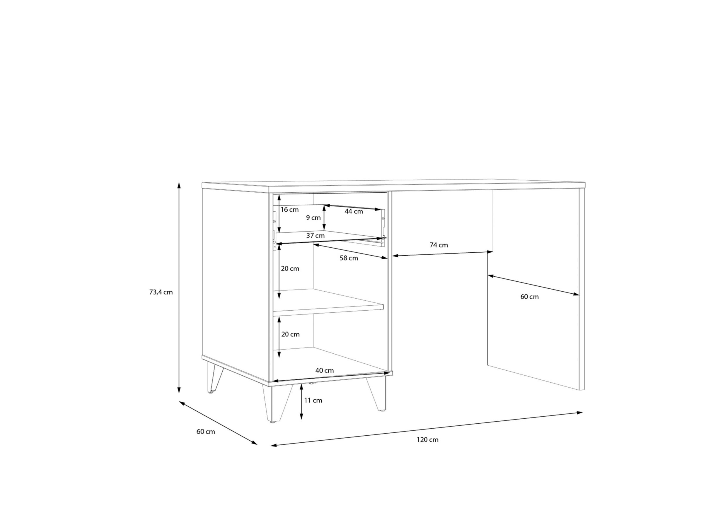 Dimensions - Bureau Lya 120x60x73cm - panneau décor - cabezone oak/mauvella