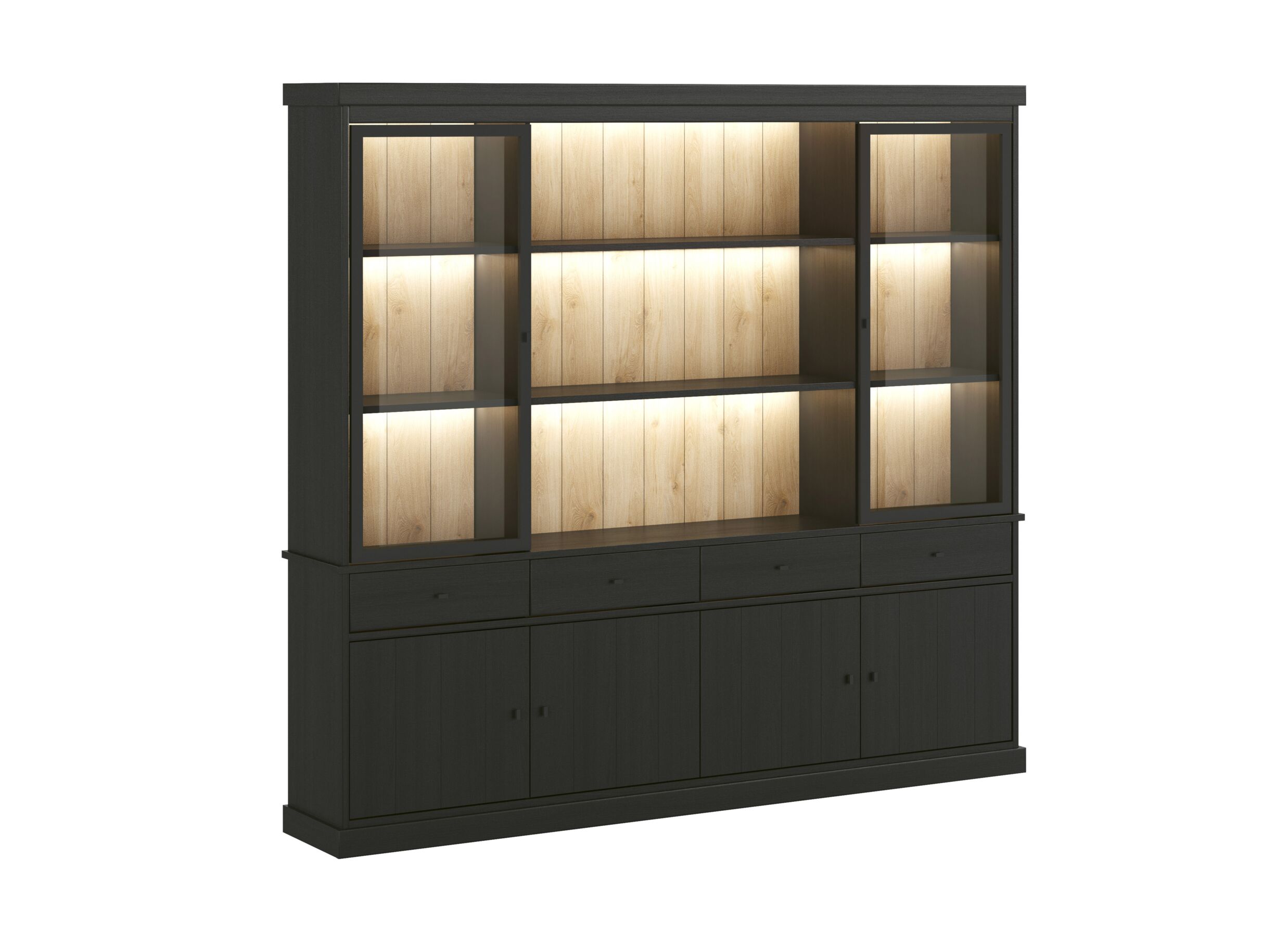 Vitrinekast Valencia 240cm - melamine - zwarte eik - Vitrinekast Valencia 240cm - melamine - zwarte eik