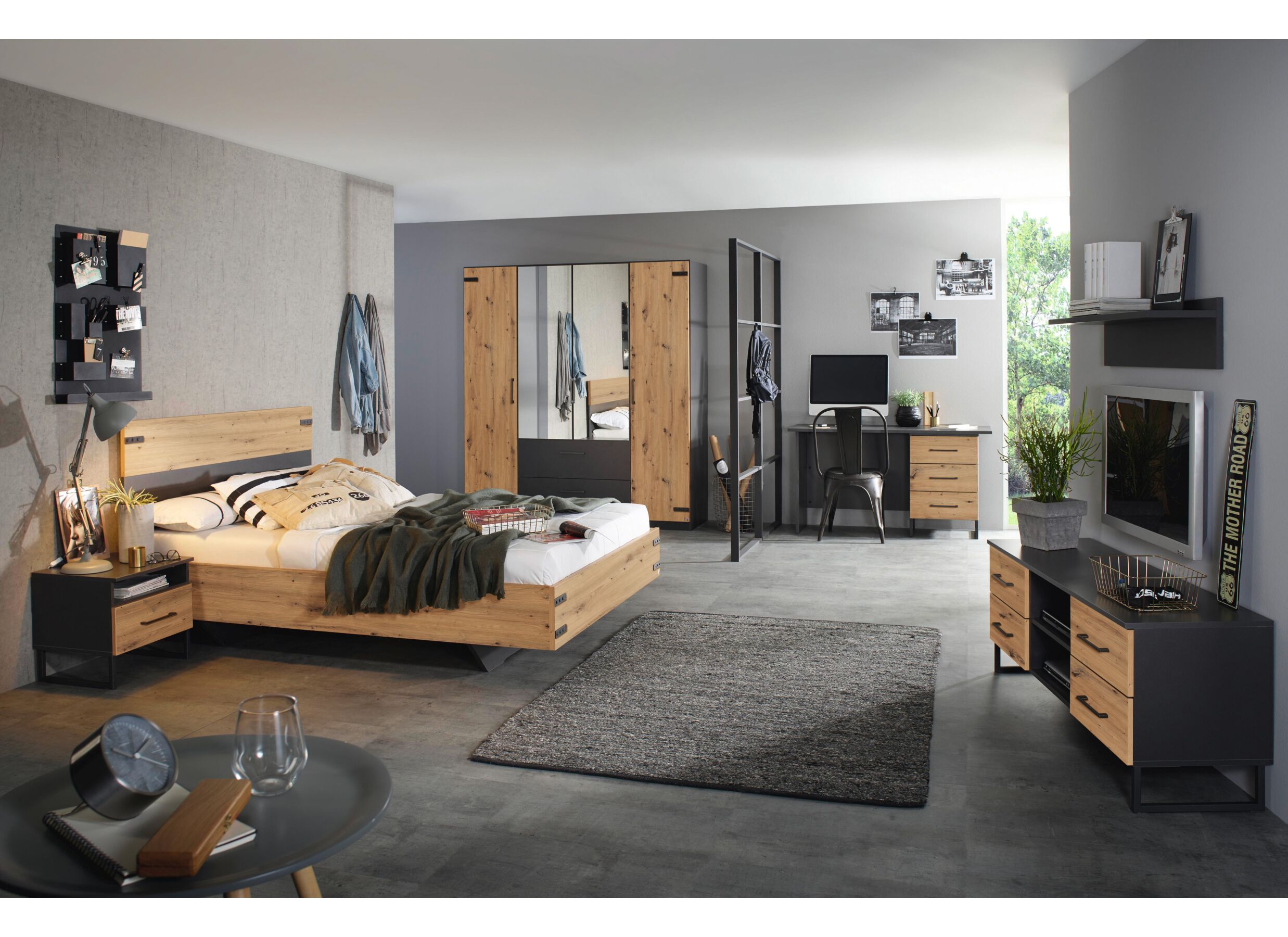 Garde-robe Butte 181cm - décor - chêne artisanal/gris