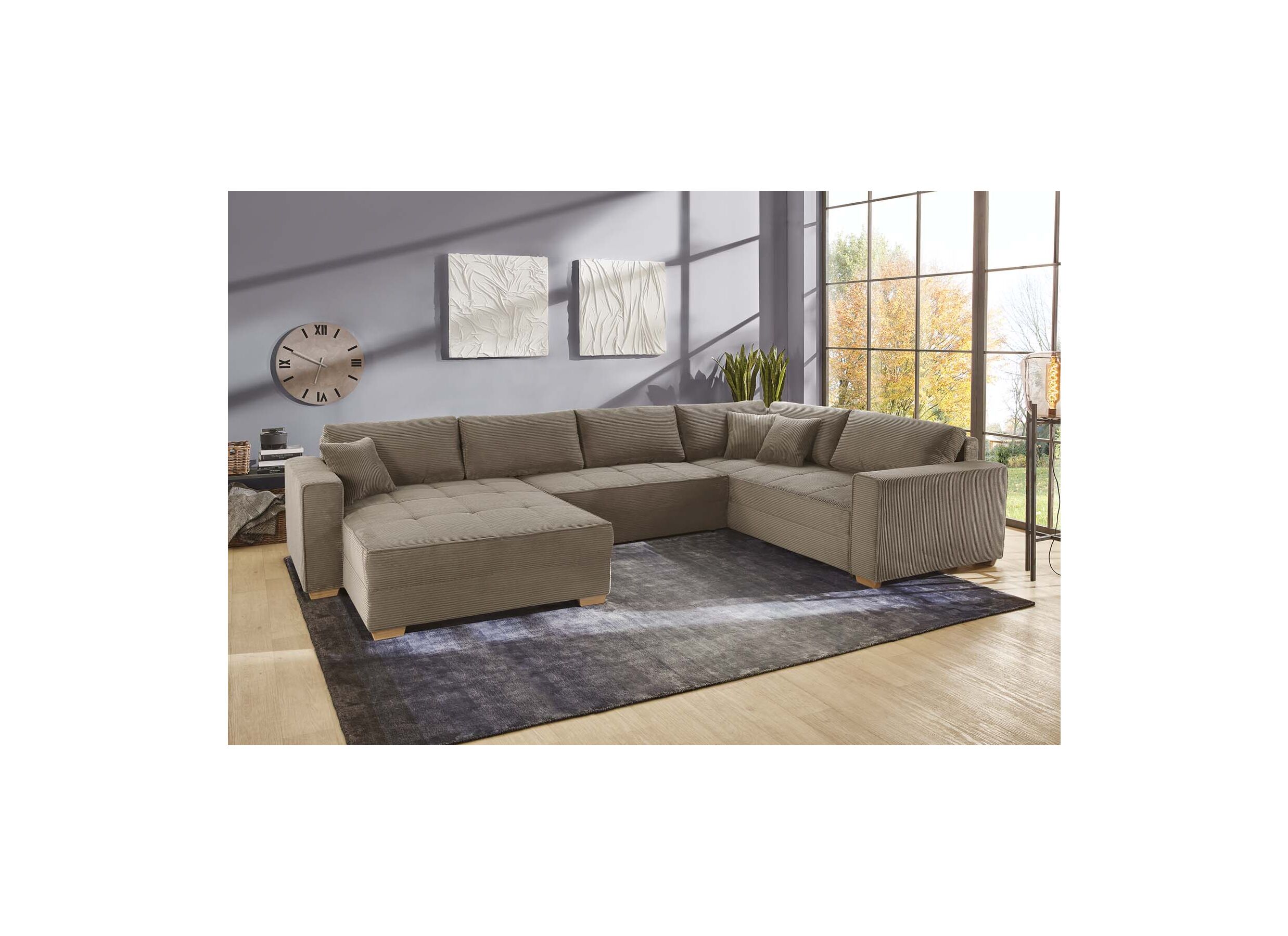 Hoeksalon Brixen 379x227cm - ribfluweel - lichtbruin met bedfunctie