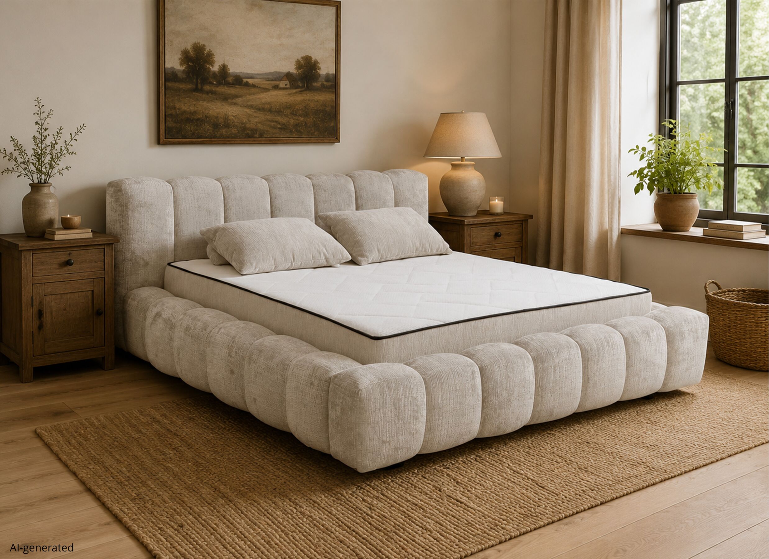 AI Generated - Lit capitonné Bexley 160x200cm - tissu - taupe avec sommier et matelas inclus