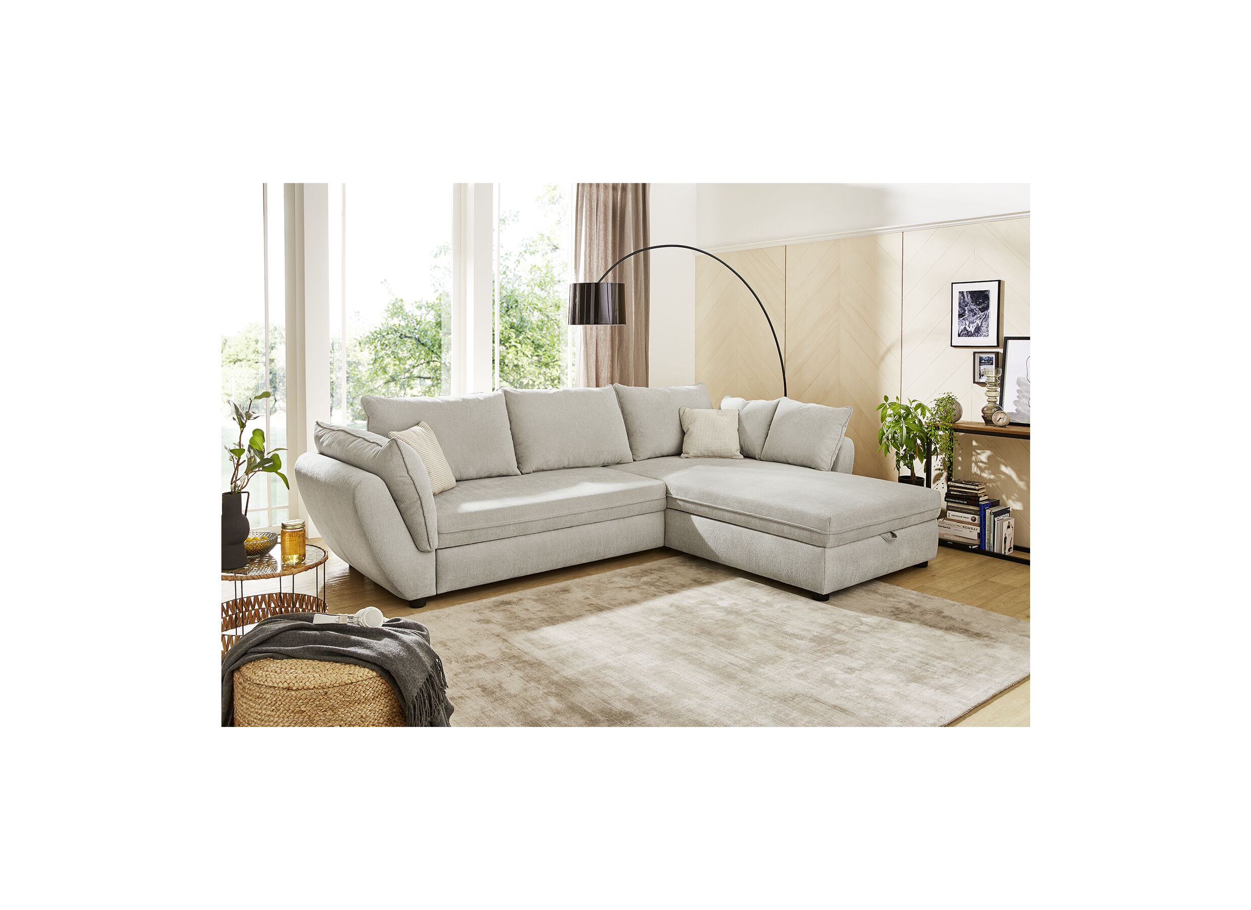 Canapé d'angle Jerez 303x205cm - tissu - greige avec fonction de lit et rangement
