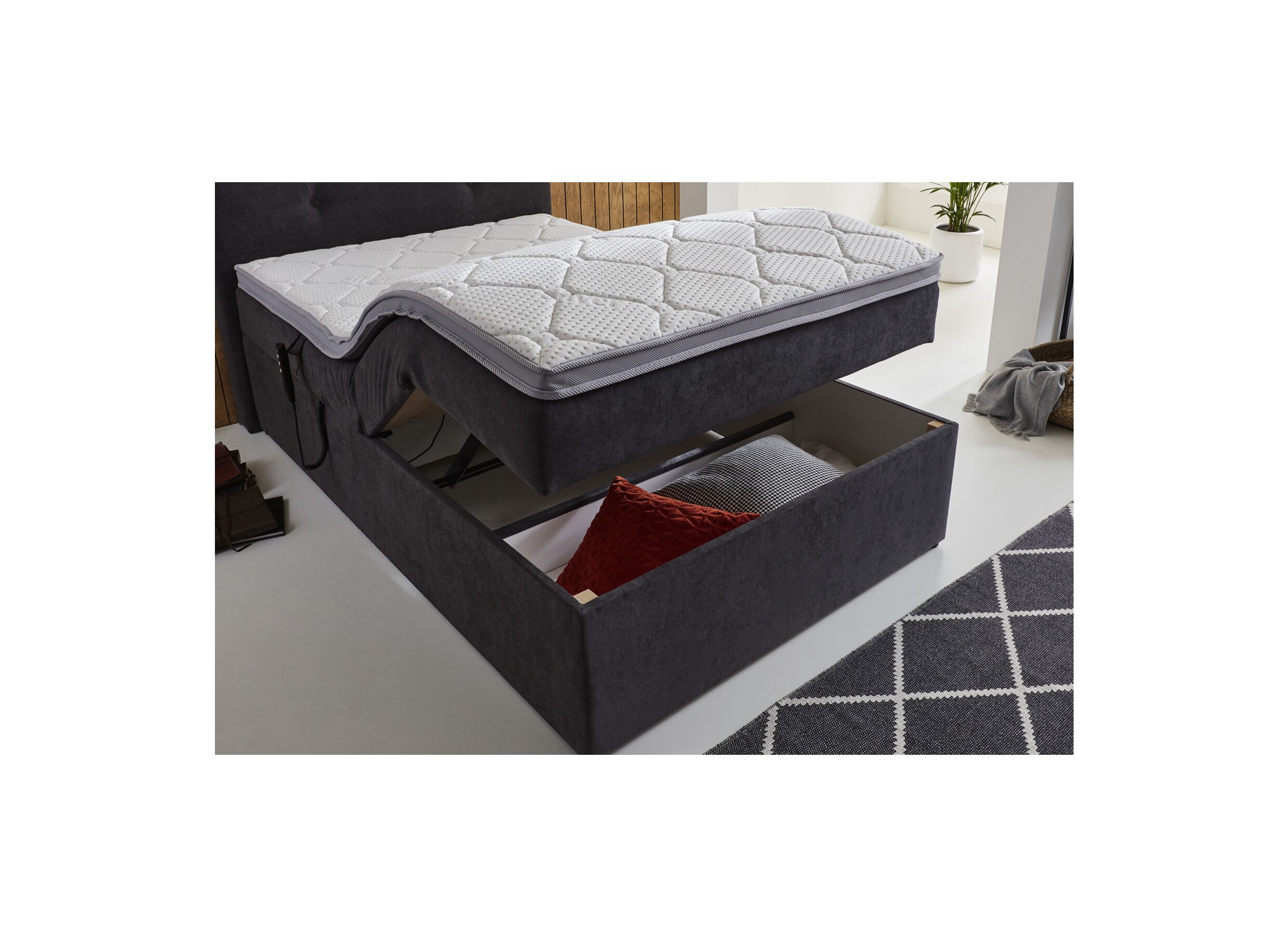 Boxspring BX1880 180x200cm - stof - grijs met opbergruimte